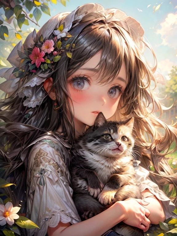 cute girl holding a kitten,illustration,medium,beautiful detailed eyes,beautiful detailed lips,extremely detailed eyes and face,longeyelashes,adorable,tender emotions,soft and clear skin,wavy hair,curly hair,sunshine,flower garden,green grass,blurry background,natural lighting,soft colors,vibrant,gentle,wholesome,pure,vivid details,cute expression,pet's fur,fuzzy texture,childhood memories