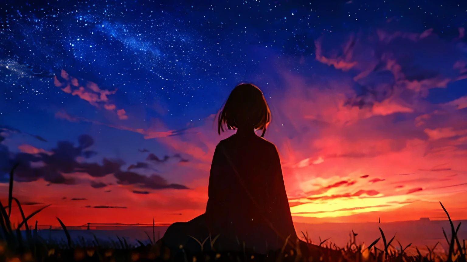 sunset、hill、cloud、long hair、woman、sitting、silhouette、back view、beautiful starry sky、look up at the sky、The wind is blowing、Wide sky、headphones