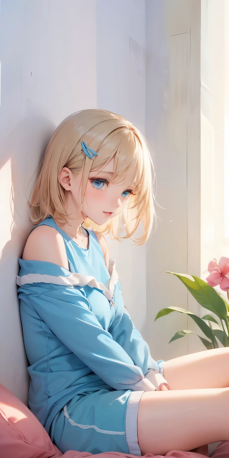 (masterpiece),(top-quality:1.2),1girl in,(masuter piece:1.3),exquisitedetails, Highest quality 8K resolution, Ultra-detailed, Realistic, Vibrant colors, Soft tones, With warm and gentle lighting, A woman standing in a room wearing a skirt and sweater, designed for cozy aesthetics, wide skirt, Styling, With short hair, simple style, Beige, 2 0, Dynamic!!, Cute:2, F / 2 0, Roots and hay coat, lookbook, Vivid), 9, jimin, ( Side ) profile (Smooth straight blonde hair:1.2),(Hair parted in the middle:1.3),(Glowing hair),(Dark blue eyes:1.3),(Hands close to the face:1.4),White skin, hair clips,Small necklace,A gentle feeling overflows,The sun's rays illuminate joy and pure love, Warm golden glow,The atmosphere is full of happiness and laughter, As if celebrating love,Ultra-detailed depiction and vivid colors,A style that combines romanticism and realism,depth of love,color palettes,Create an ethereal atmosphere like a dream,Lighting is soft and diffused,masterpiece artwork