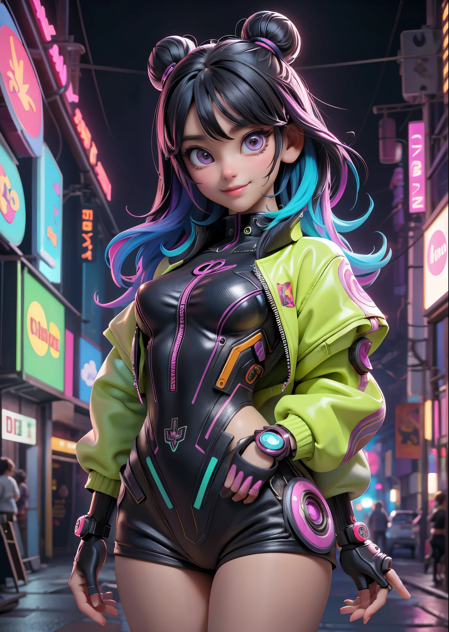 Psychedelic world、cyberpunk fashion、1 cute girl、smiling girl、Big eyes、small breasts、amber hair、colorful gel background、Fractal background、perfect lighting、sharp focus、High resolution、High resolution、High color rendering、High resolution、Super realistic、realistic 