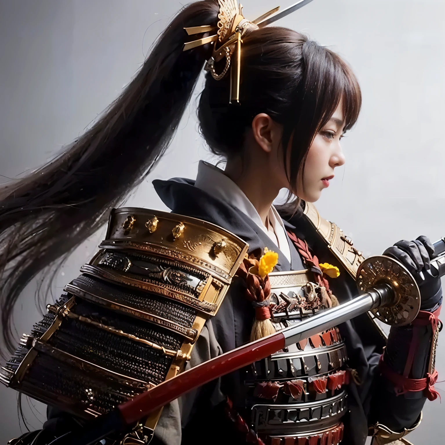 (best quality,4k,8k,highres,masterpiece:1.2), ultra-detailed, (realistic, photorealistic, photo-realistic:1.37), samurai armor, traditional Japanese sword, beautiful girl, kawaii, ponytail, super detailed, hyper-realistic texture, realistic, lifelike photography.