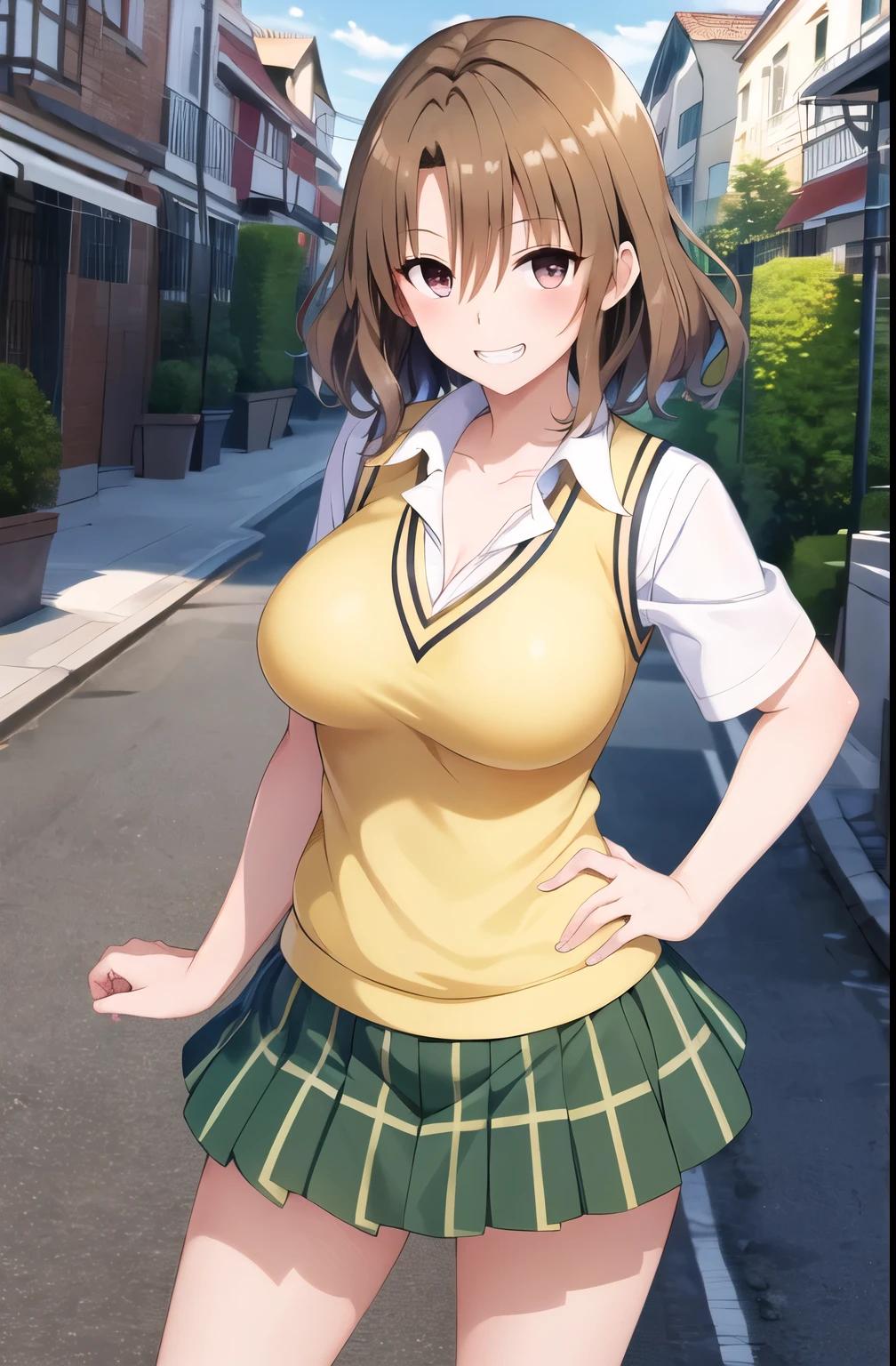 anime woman、solo、Game CG style、masterpiece、highest quality、High resolution、Woman with short brown hair、brown eyed woman、wavy hair、big breasts、woman with very large breasts、tall woman、clavicle、、high school girl、collared shirt、white shirt、sweater vest、(yellow vest:1.2)、short sleeve、green bow tie、plaid skirt、green skirt、pleated skirt、navy blue knee high sockary jane、mouth open、a woman is standing、cowboy shot、outdoor、sexy atmosphere、perfect proportions、grin and laugh、female focus、looking at viewer、