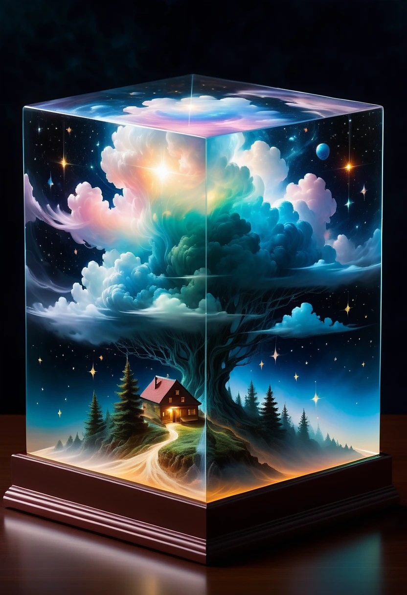 Bosch style, Translucent cube captures eerie clouds, the Starscape warps, Time warp, Surrealism prevails, Star, luminescent, Glittering