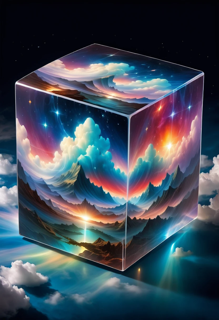 Bosch style, Translucent cube captures eerie clouds, the Starscape warps, Time warp, Surrealism prevails, Star, luminescent, Glittering