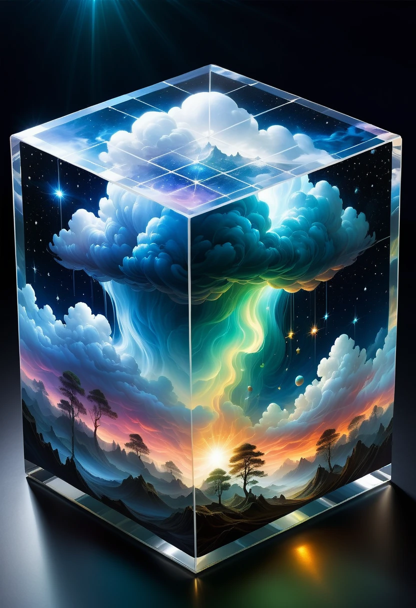 Bosch style, Translucent cube captures eerie clouds, the Starscape warps, Time warp, Surrealism prevails, Star, luminescent, Glittering