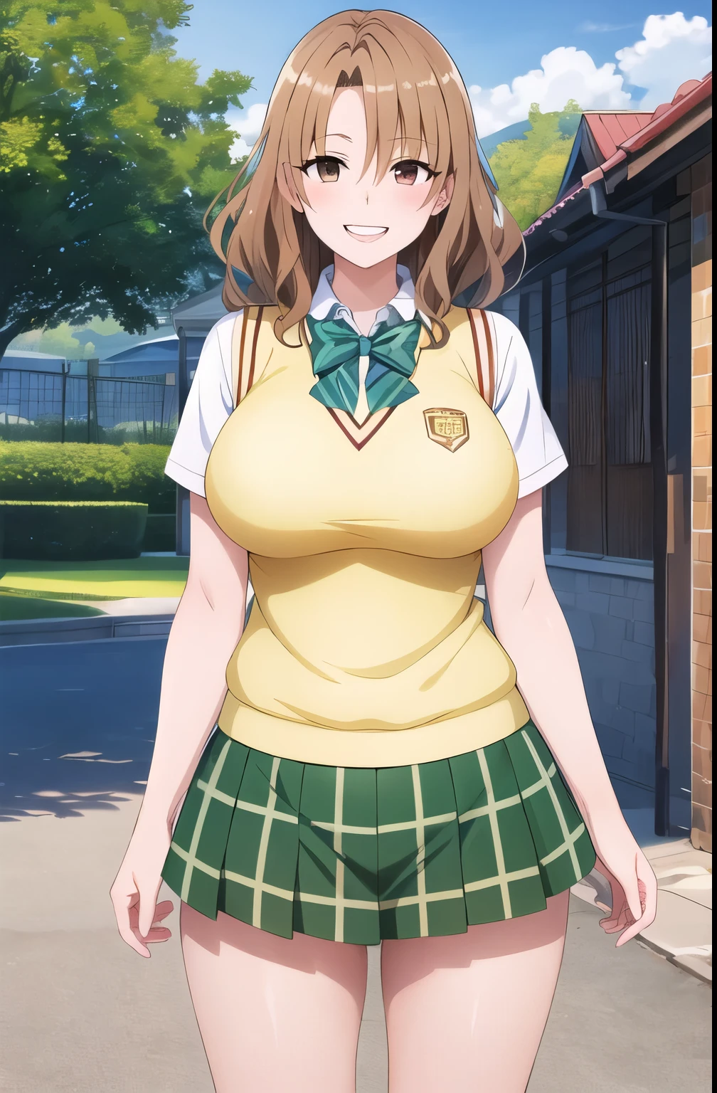 anime woman、solo、Game CG style、masterpiece、highest quality、High resolution、Woman with short brown hair、brown eyed woman、wavy hair、big breasts、woman with very large breasts、tall woman、clavicle、、high school girl、collared shirt、white shirt、sweater vest、(yellow vest:1.2)、short sleeve、green bow tie、plaid skirt、green skirt、pleated skirt、navy blue knee high sockary jane、mouth open、a woman is standing、cowboy shot、outdoor、sexy atmosphere、perfect proportions、grin and laugh、female focus、looking at viewer、