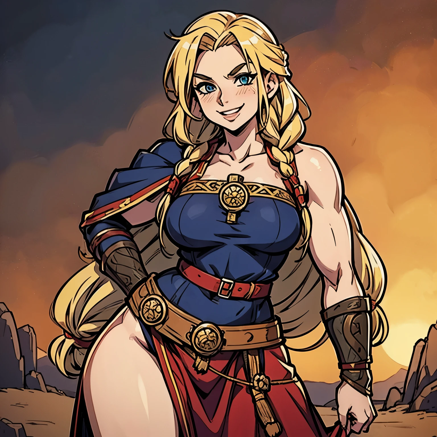 SFW, anime woman, viking woman, blode hair, braided hair, wide smile, strong woman, warrior woman