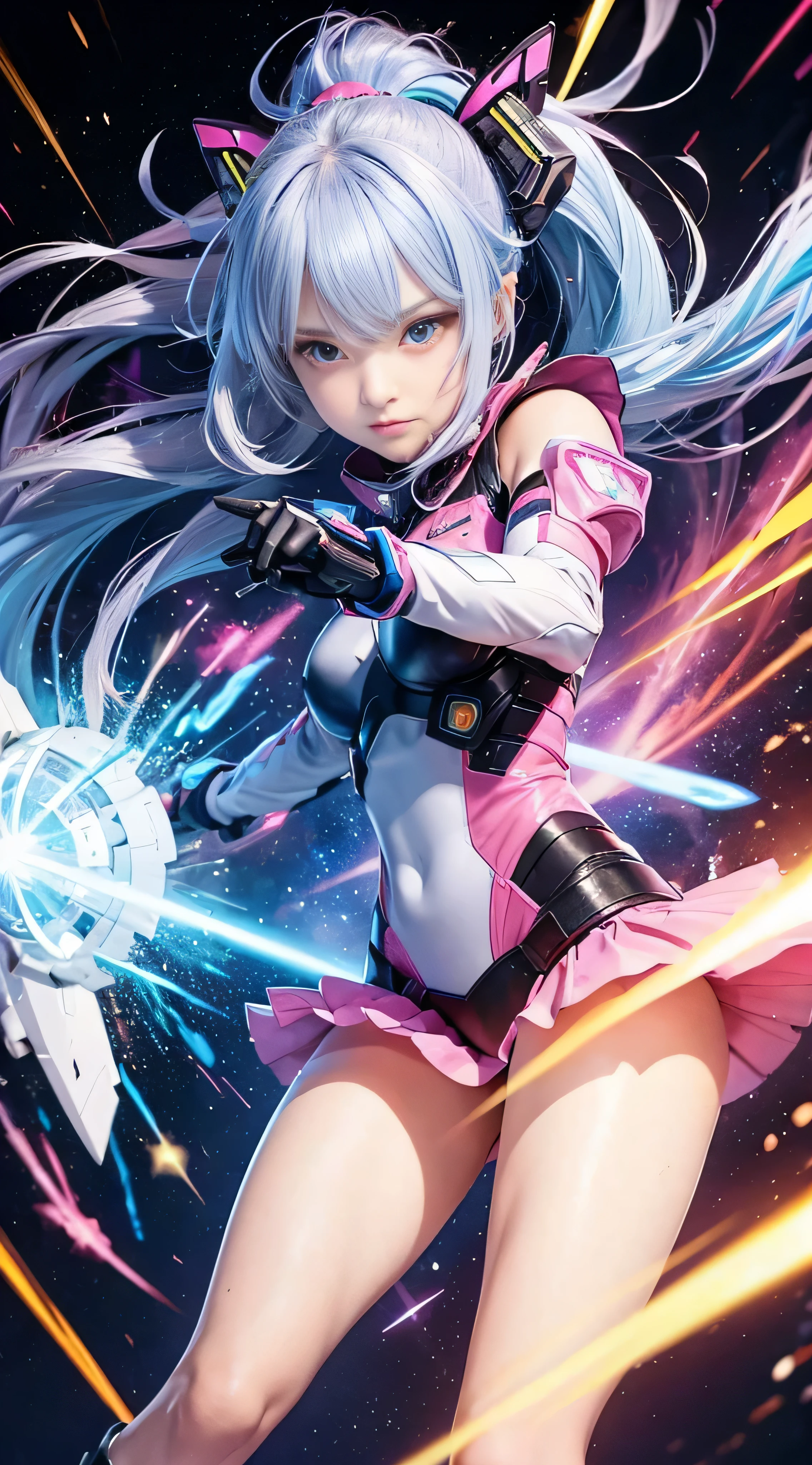 RAW image quality, One super cute girl is wearing a pink jacket armor, mechanical wing, space war background, Rainbow Aura Body, supernova power, light blue hair, red eyes, perfect body, sexy, neon glow, Beam sabre, sad mood, very detailed, combat readiness, mecha musume, fine eyes, detailed face,