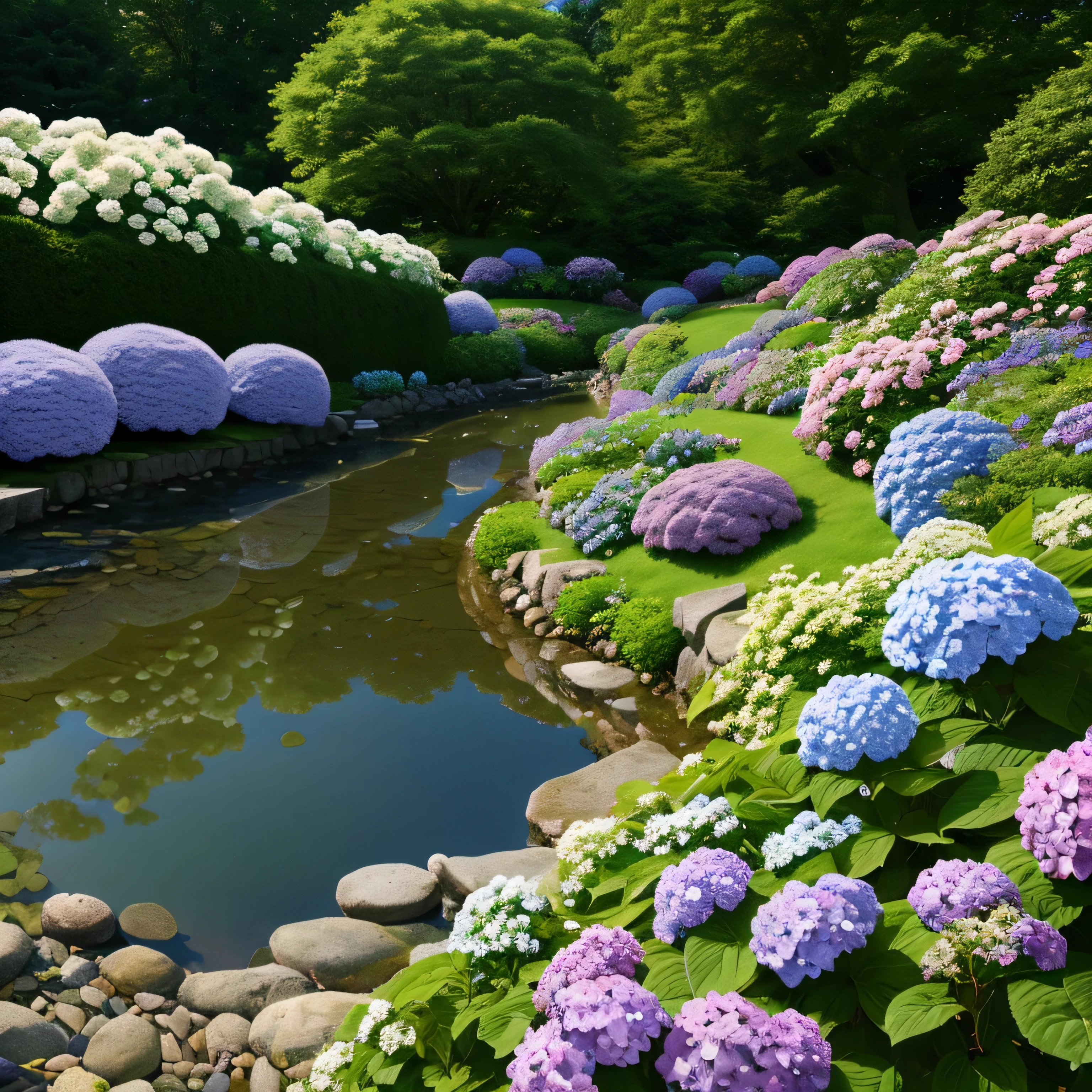 hydrangea, garden, lake, Small hill, Pebble Road, masterpiece, highest quality, anatomically correct, advanced details, 8K, Wallpaper--Auto