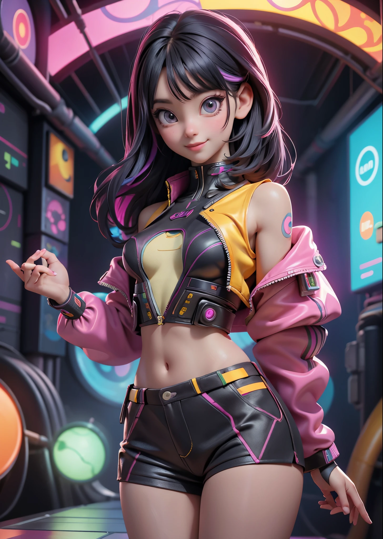 Psychedelic world、cyberpunk fashion、1 cute girl、smiling girl、Big eyes、small breasts、amber hair、colorful gel background、Fractal background、perfect lighting、sharp focus、High resolution、High resolution、High color rendering、High resolution、Super realistic、realistic 