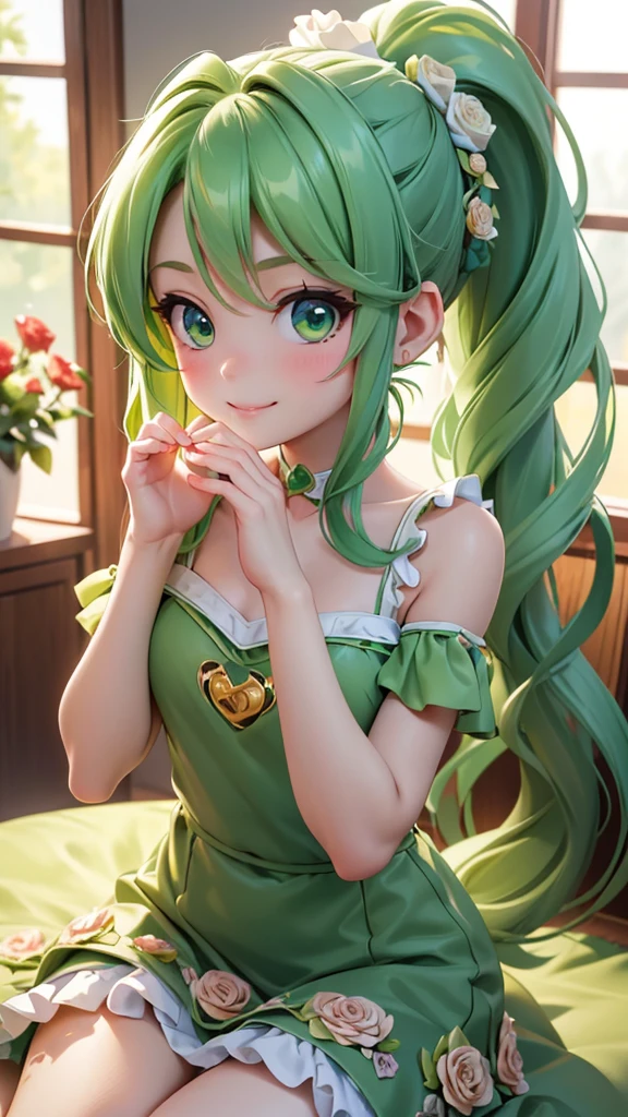 perfect anatomy, masterpiece:1.2, best quality, 8K, beautiful and delicate growth, Daydreaming expression, (((Heart on hand))) Close-up face (A cute girl with long green hair in a ponytail, No. 14, Love to smile), ((Super cute heart shaped eyes)), Wearing a cute green rose dress, long skirt, In the enchanted room.