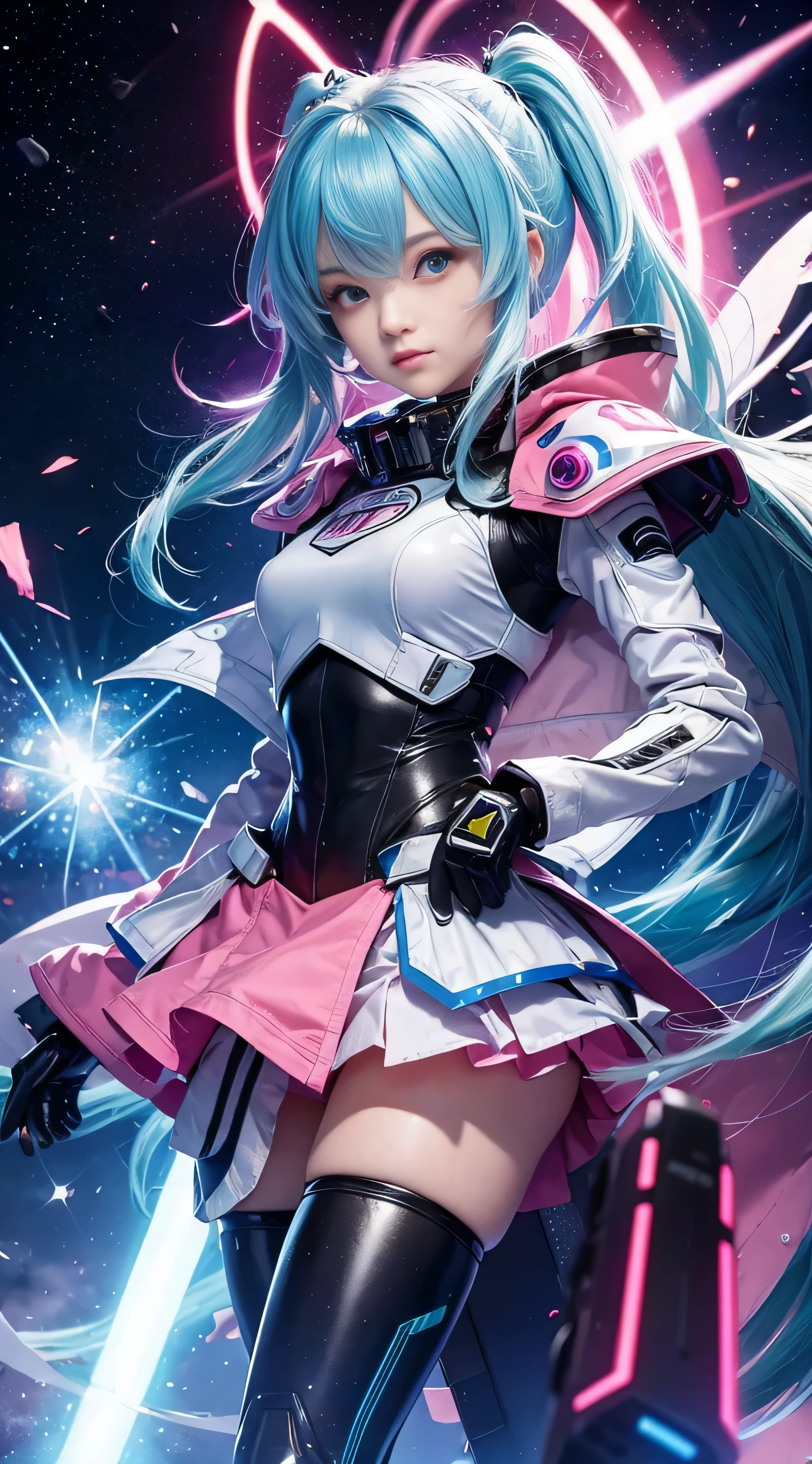 RAW image quality, One super cute girl is wearing a pink jacket armor, mechanical wing, space war background, Rainbow Aura Body, supernova power, light blue hair, red eyes, perfect body, sexy, neon glow, Beam sabre, sad mood, very detailed, combat readiness, mecha musume, fine eyes, detailed face,