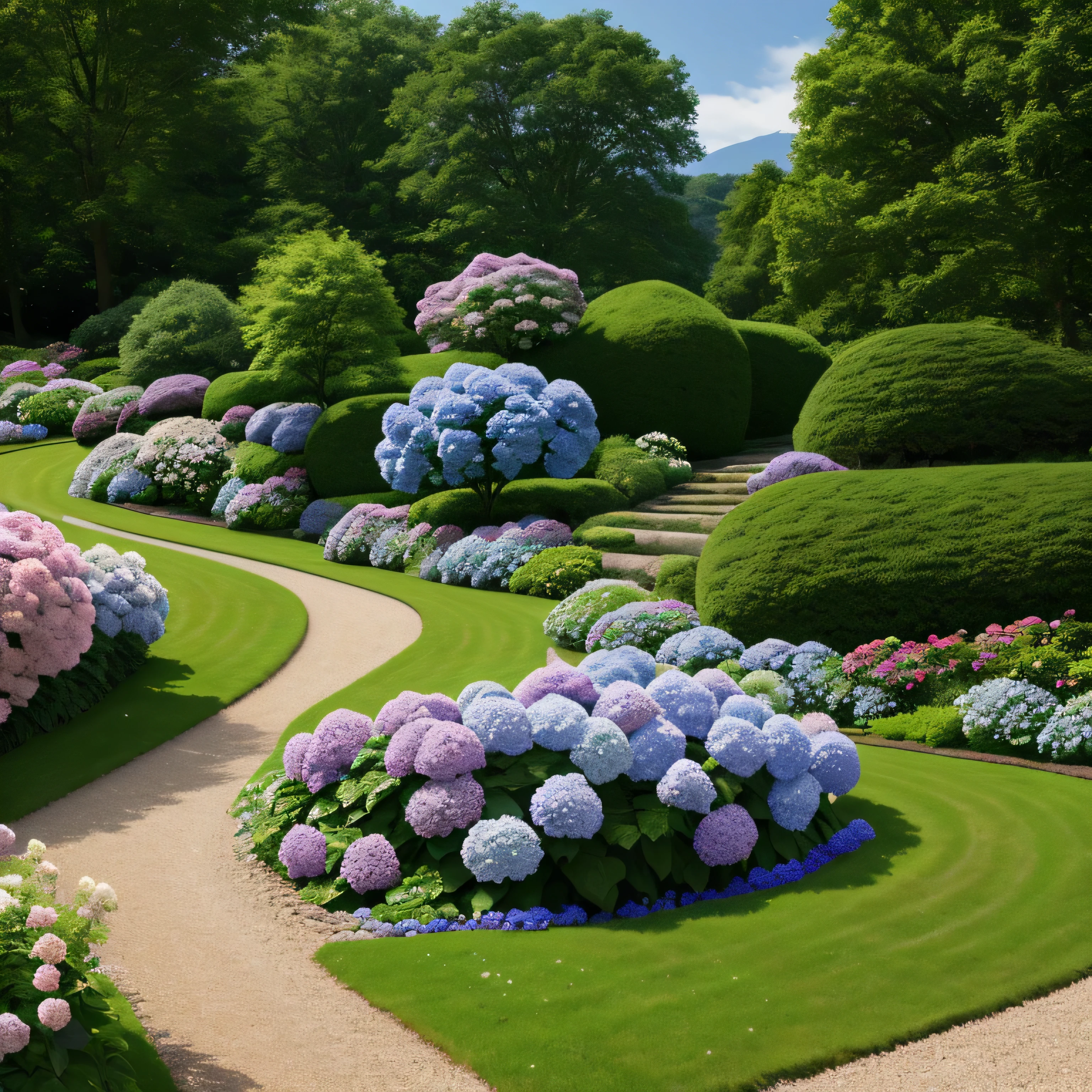 hydrangea, garden, lake, Small hill, Pebble Road, masterpiece, highest quality, anatomically correct, advanced details, 8K, Wallpaper--Auto