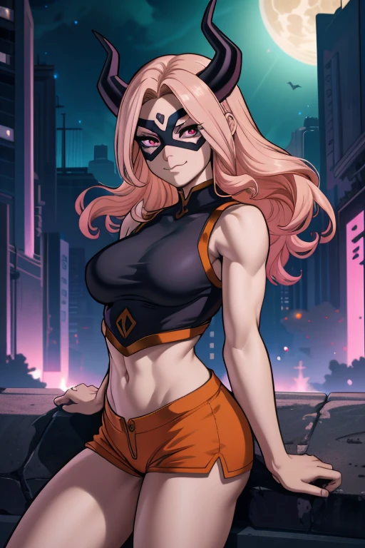 scan, (extremely detailed CG unity 8k wallpaper:1.1), masterpiece, highres, (1girl), dark, city, night, mtladymha, boku no hero academia,  domino mask, medium breasts, ambient light, horns, white tank top, orange shorts, closed smile, pink eyes