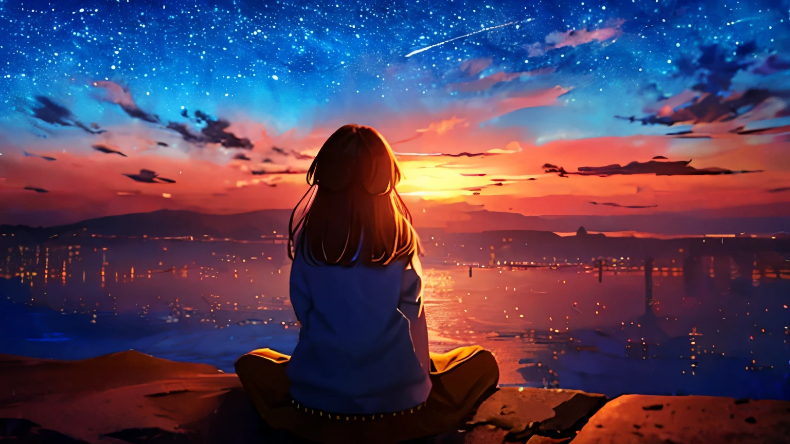 sunset、hill、cloud、long hair、woman、sitting、back view、beautiful starry sky、look up at the sky、The wind is blowing、Wide sky、headphones