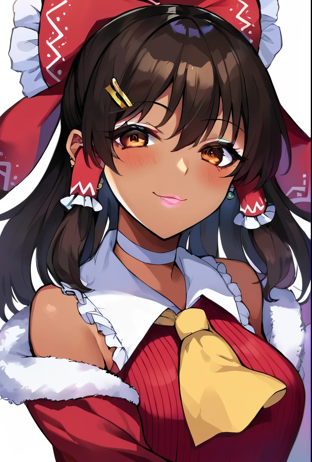 Score_9, score_8_up, score_7_up, score_6_up,  gyaru, source_anime, 1girl, solo, white background, abstract rectangular background, upper body, looking at viewer, BREAK, earrings, BREAK, thin pink lips, tanned skin, pink makeup,  ribbed sweater, fur trim, bare shoulders, off shoulder, white choker, hairclip, hakurei_reimu_touhou, bow, hair_bow, hair_tubes, red_bow, brown_hair, long_hair, bangs, sidelocks, ascot, brown_eyes, frilled_bow, yellow_ascot, blush, smile, hair_between_eyes