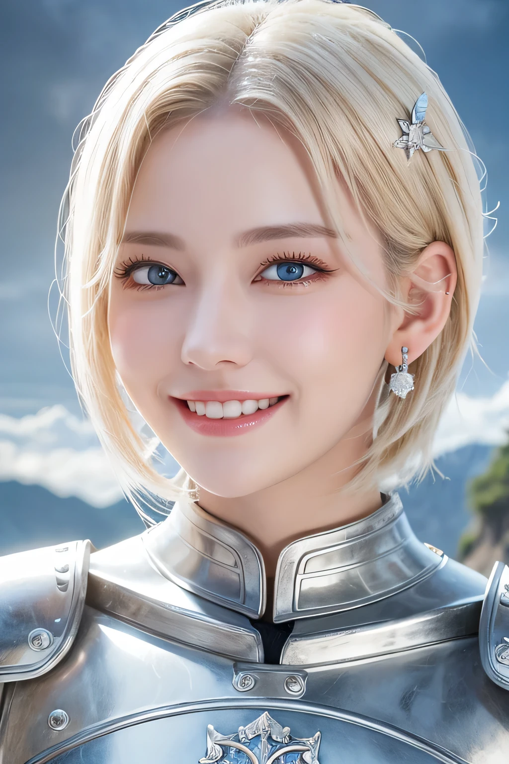８Ｋ、highest quality、female knight、The background is a castle、Luxurious Silver Armor、hairstyle short cut、smile、beautiful teeth、full body photo、ear piercing、white woman、blonde hair、blue eyes、Gummy Smile、The background is a cloudy sky、heavy makeup、mouth half open