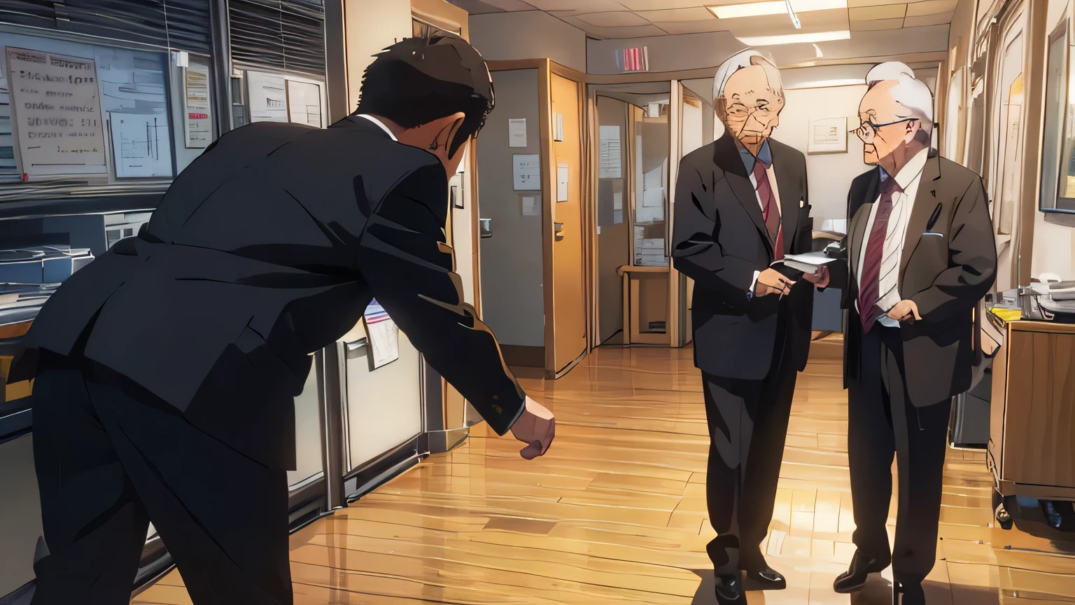 At the office、A young male businessman in a suit is presenting his business card and bowing、An elderly man is standing across from me, ready to accept the business card.、Painting from the side
