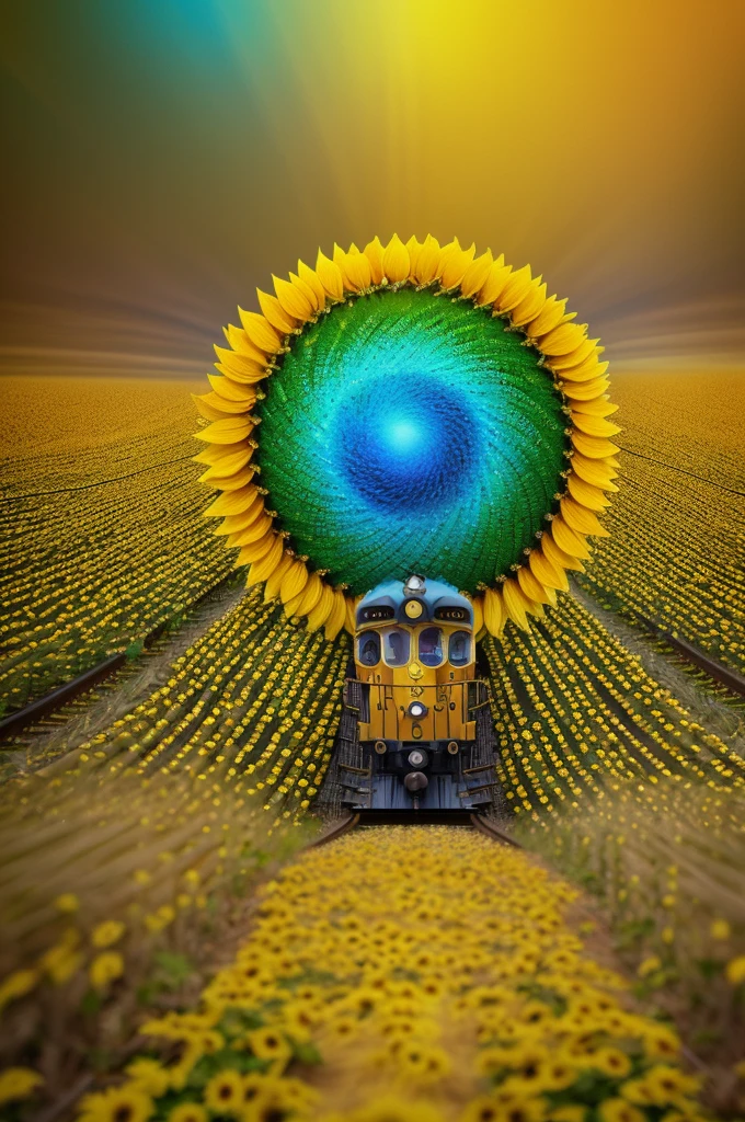 Cheerfulness Sunflower Train, fantasy art, Dreamscape, dreamy, Fairy Tales, concept art, surrealistic, Magic Realism Style, whimsical, (Motion Blur), (best composition), ultra-wide-angle, octane render, enhance, intricate, (best quality, masterpiece, Representative work, official art, Professional, unity 8k wallpaper:1.3)