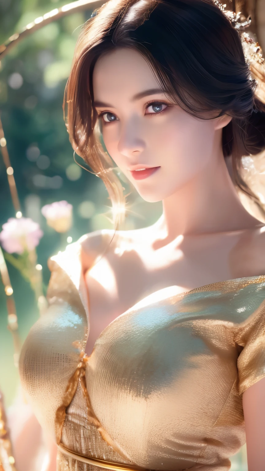 （lifelike,High resolution：1.3）， medium shot，slim girl， The face shape and eyes are super delicate,black hair,The lips are rosy and shiny,(pretty face), (best quality), (super detailed), (Extremely detailed CG unified 8K wallpaper),Full body photography，gold dress,(model photos),big eyes,(eternal)，Eyes look at the audience,super huge breasts，Soft breasts,Very real breasts,puff out your chest,character-centered,