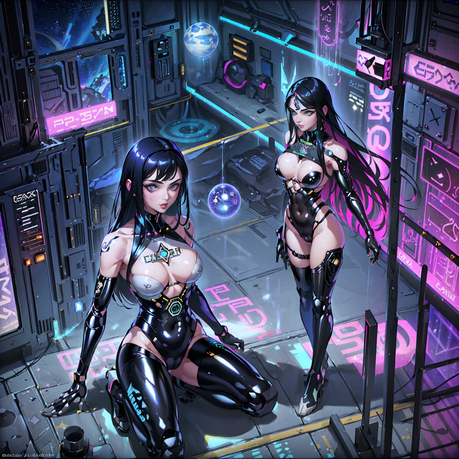 neon cyberpunk beautiful arab woman in middle of composition, (((ultra detailed flat earth futuristic city ))),beautiful arab model, black long hair, detailed and intricate (((space background))), featuring high-tech holographic projections and sleek architecture, nebula and black hole, art by (((Syd Mead, Masamune Shirow, Dylan Kowalski))), highly detailed photo realistic, (((cell shading))), god rays, ultra sharp focus, ultra high quality, vibrant, (gorgeous mid breasts:1.7), (bare gorgeous breasts:1.4), shiny latex is white, latex stockings, long hair, (shiny skin:1.4), shiny lips, very big ass, symmetrical detailed face, toned, sexy, masterpiece, cameltoe, very tigth clothes detailian beasts ans shaved pussy.