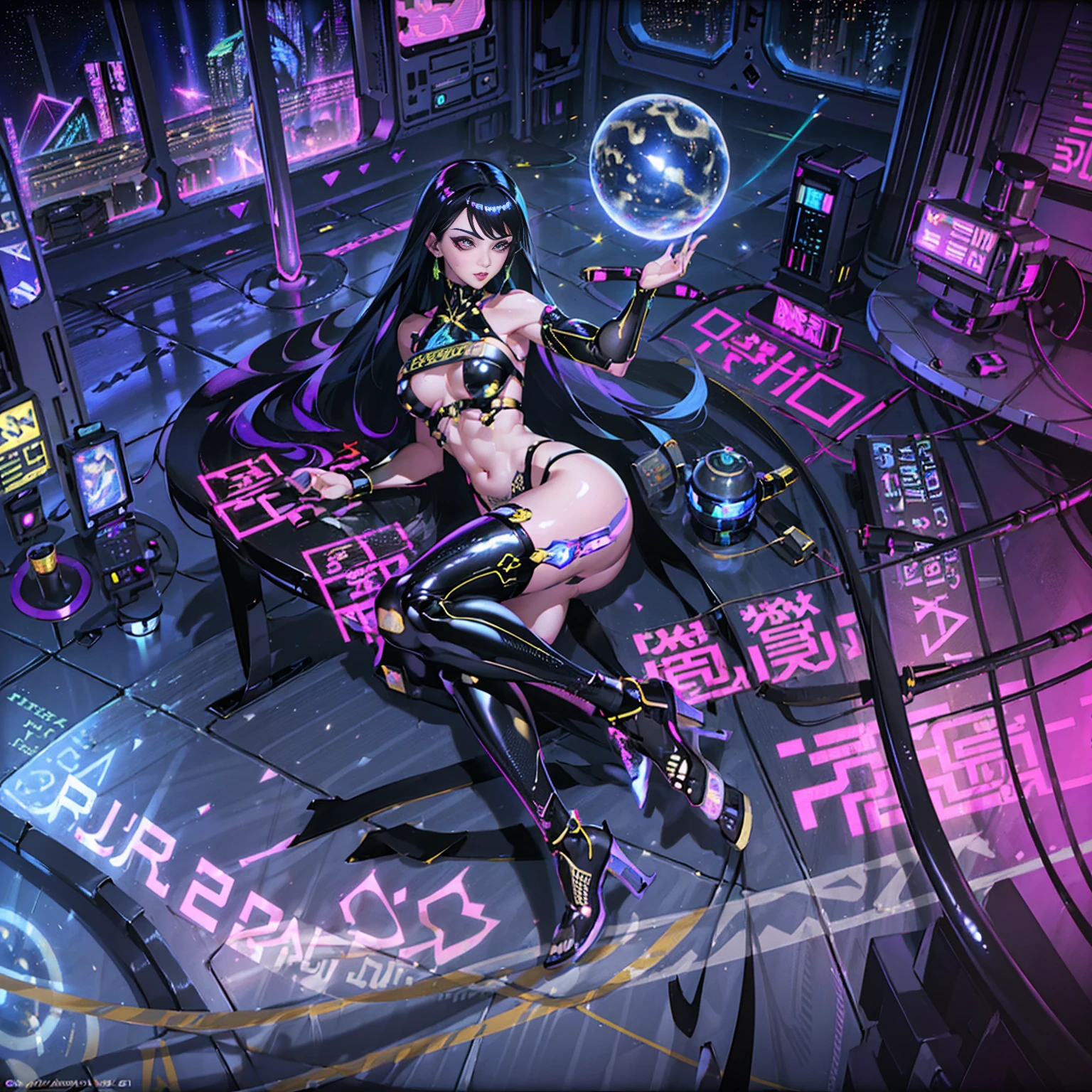 neon cyberpunk beautiful arab woman in middle of composition, (((ultra detailed flat earth futuristic city ))),beautiful arab model, black long hair, detailed and intricate (((space background))), featuring high-tech holographic projections and sleek architecture, nebula and black hole, art by (((Syd Mead, Masamune Shirow, Dylan Kowalski))), highly detailed photo realistic, (((cell shading))), god rays, ultra sharp focus, ultra high quality, vibrant, (gorgeous mid breasts:1.7), (bare gorgeous breasts:1.4), shiny latex is white, latex stockings, long hair, (shiny skin:1.4), shiny lips, very big ass, symmetrical detailed face, toned, sexy, masterpiece, cameltoe, very tigth clothes detailian beasts ans shaved pussy.