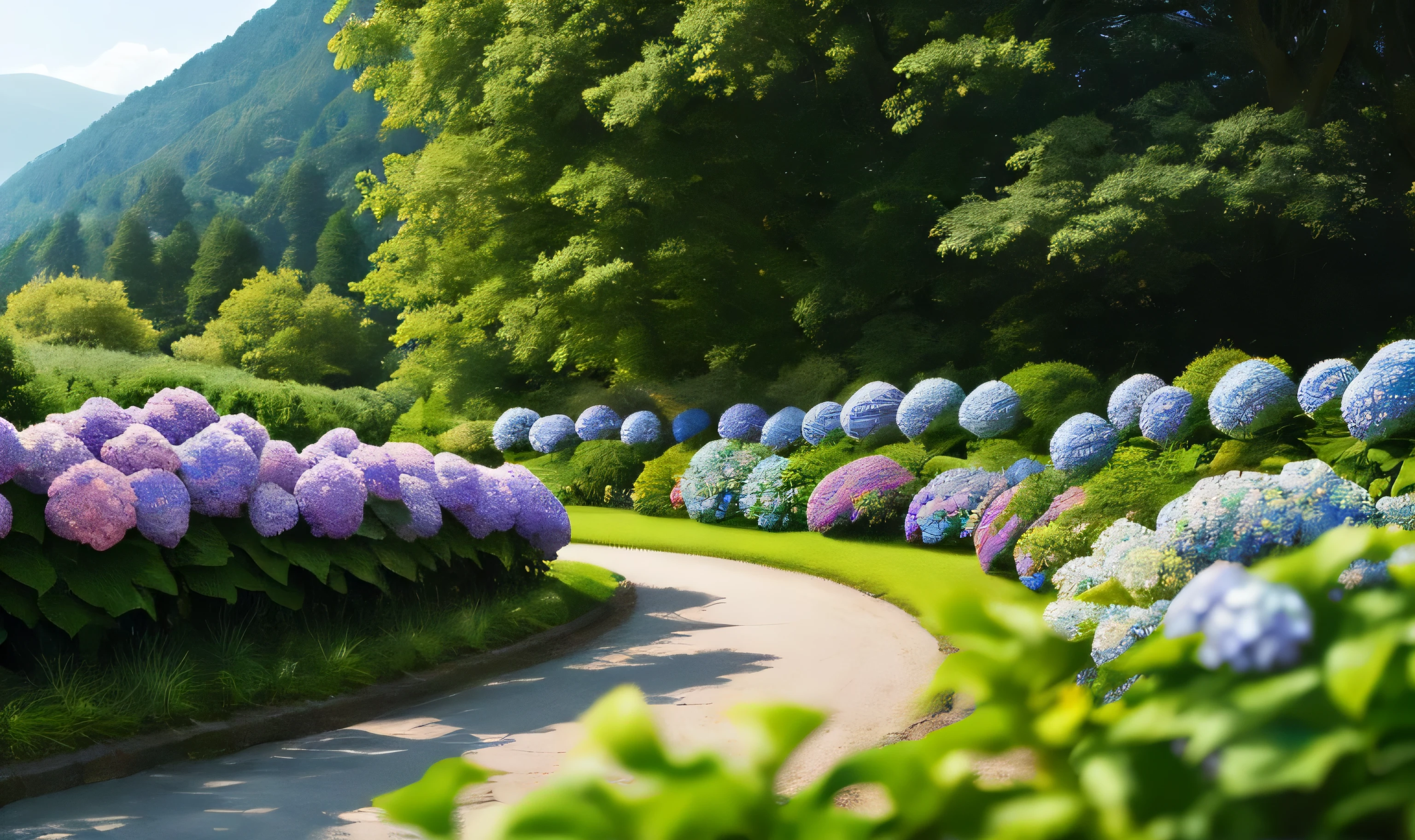 hydrangea, garden, lake, Small hill, Pebble Road, masterpiece, better quality, anatomically correct, advanced details, Stunningly realistic cinematic detail in 8K