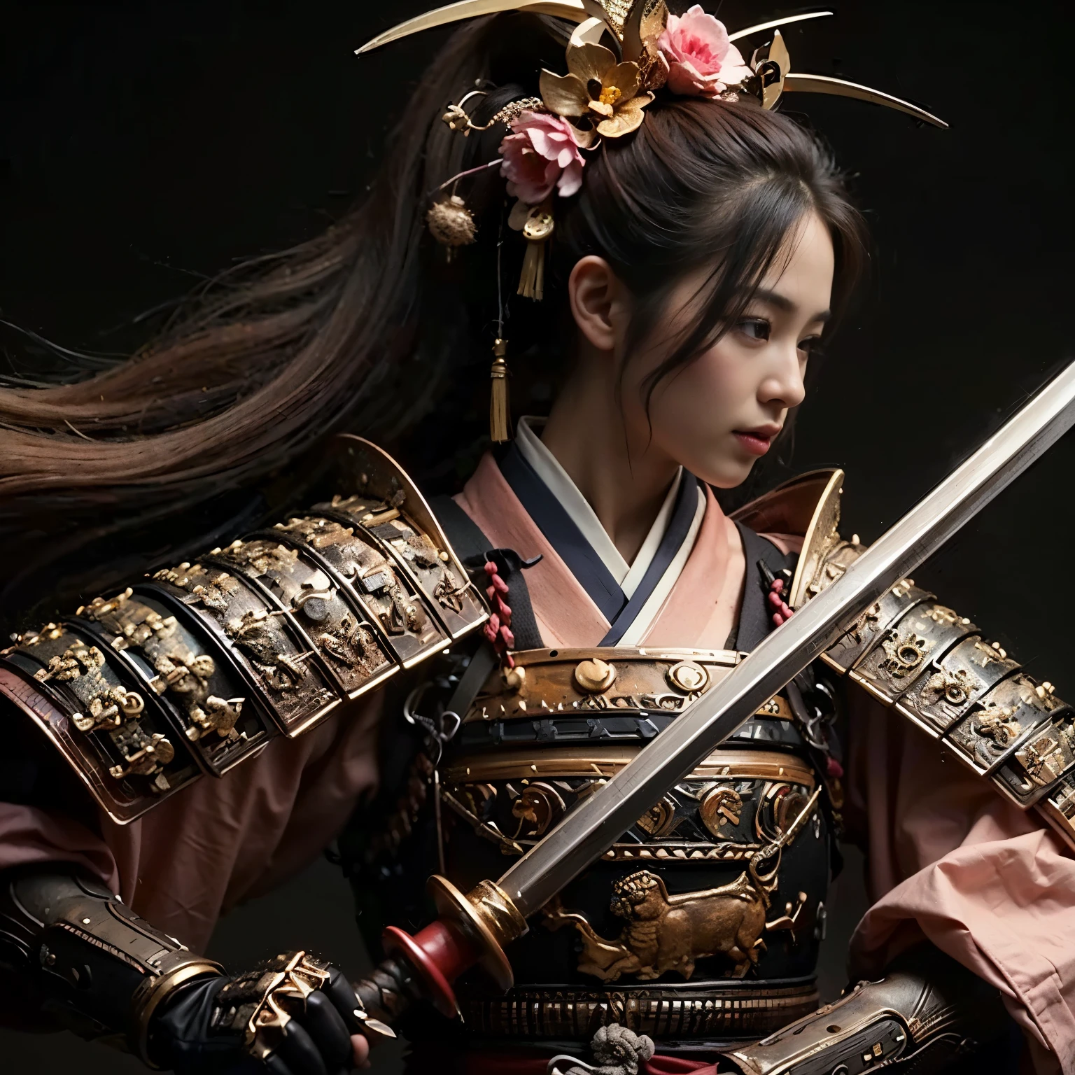 (best quality,4k,8k,highres,masterpiece:1.2), ultra-detailed, (realistic, photorealistic, photo-realistic:1.37), samurai armor, traditional Japanese sword, beautiful girl, kawaii, ponytail, super detailed, hyper-realistic texture, realistic, lifelike photography.