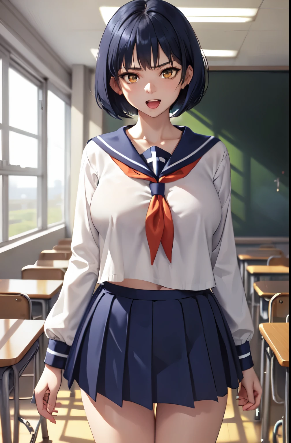 anime woman、solo、Game CG style、masterpiece、highest quality、High resolution、woman with short dark blue hair、yellow eyes、bob cut、scarface、big breasts、woman with very large breasts、tall woman、clavicle、、high school girl、sailor suit、white shirt、Navy blue sailor collar、red neckerchief、long sleeve、navy blue skirt、pleated skirt、navy high sockary jane、mouth closed、a woman is standing、school classroom、cool atmosphere、nihilistic laughter、cowboy shot、perfect proportions、female focus、looking at viewer、