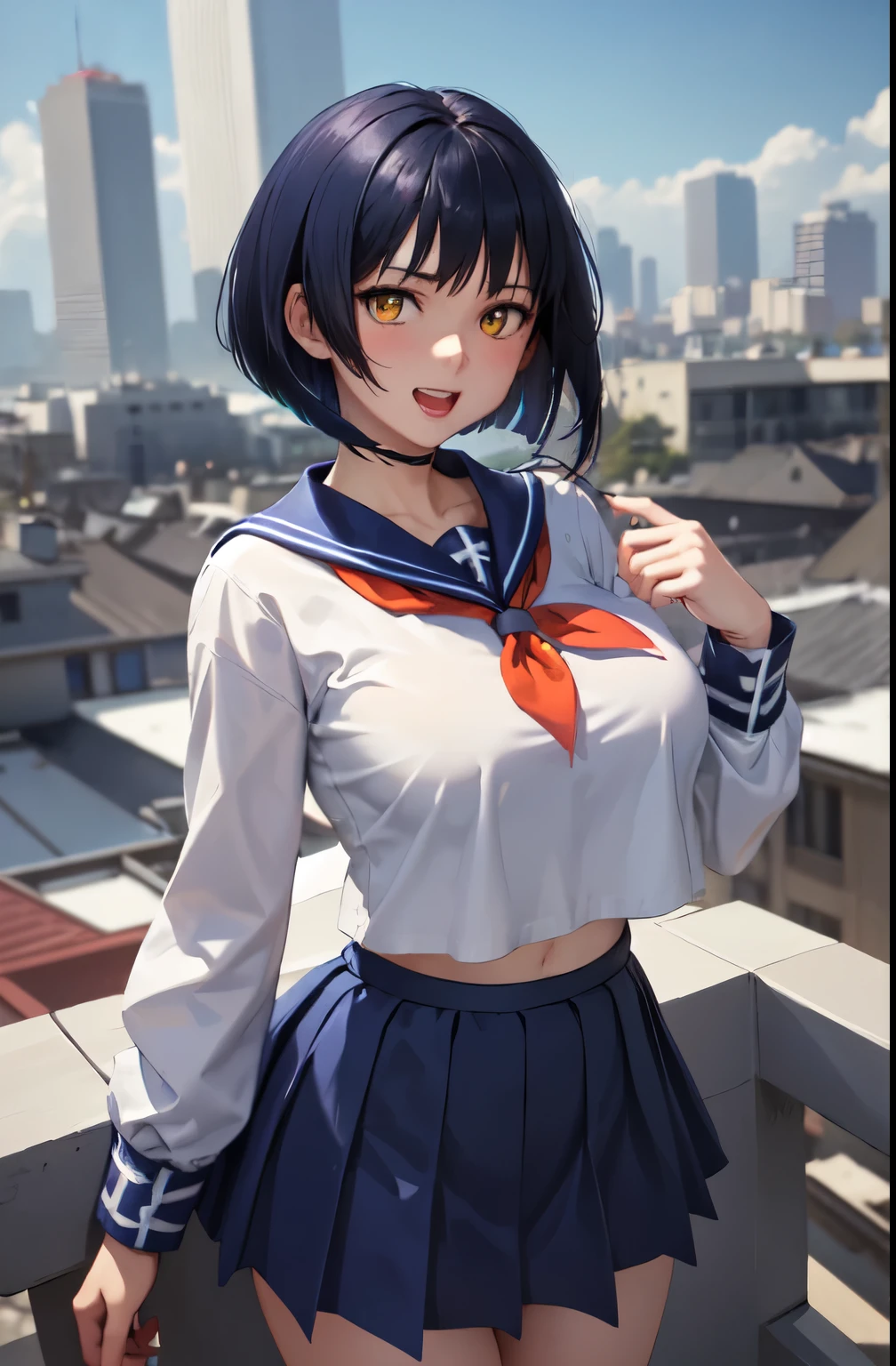 anime woman、solo、Game CG style、masterpiece、highest quality、High resolution、woman with short dark blue hair、yellow eyes、bob cut、scarface、big breasts、woman with very large breasts、tall woman、clavicle、、high school girl、sailor suit、white shirt、Navy blue sailor collar、red neckerchief、long sleeve、navy blue skirt、pleated skirt、navy high sockary jane、mouth closed、a woman is standing、rooftop、cool atmosphere、nihilistic laughter、cowboy shot、perfect proportions、female focus、looking at viewer、