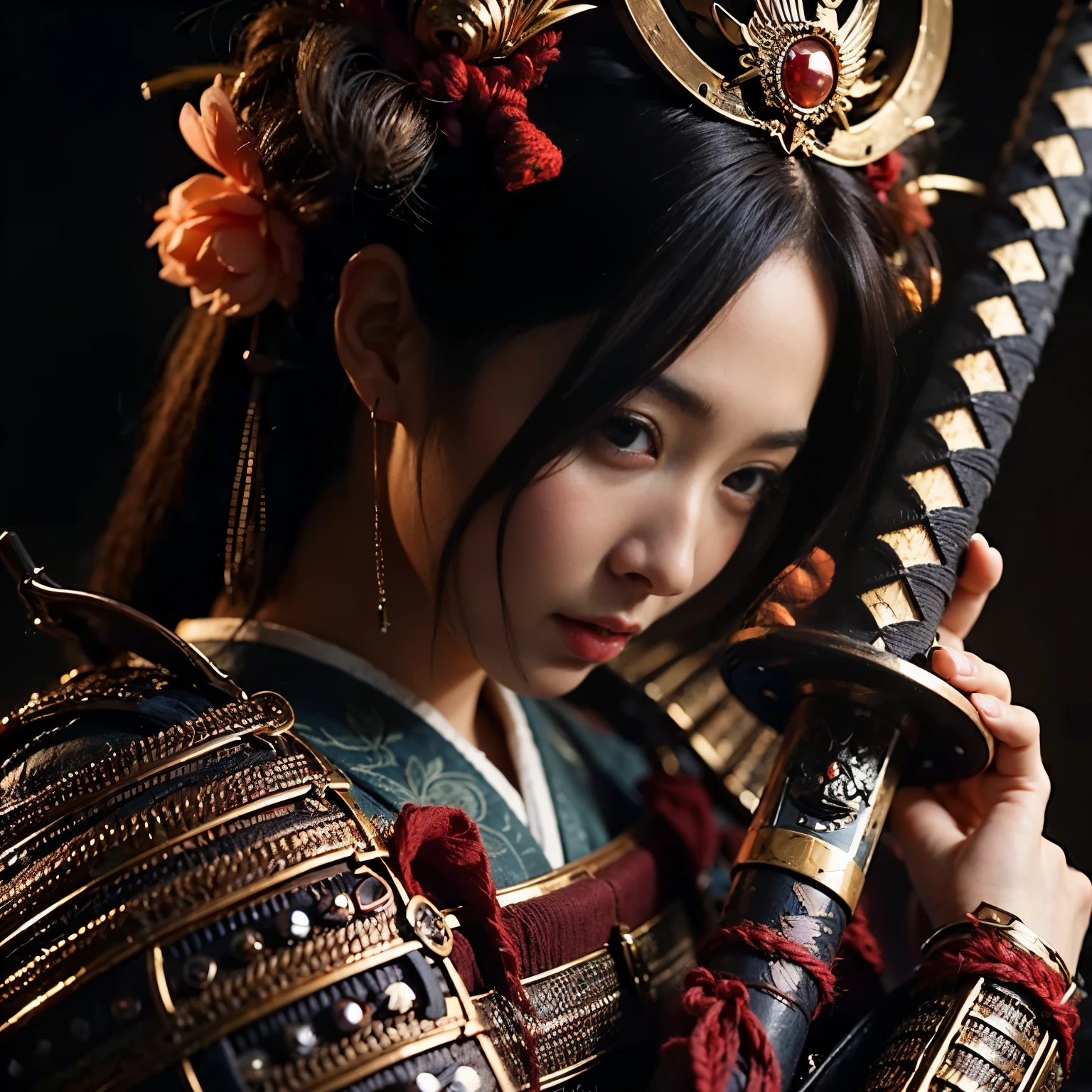 (best quality,4k,8k,highres,masterpiece:1.2), ultra-detailed, (realistic, photorealistic, photo-realistic:1.37), samurai armor, traditional Japanese sword, beautiful girl, kawaii, ponytail, super detailed, hyper-realistic texture, realistic, lifelike photography.