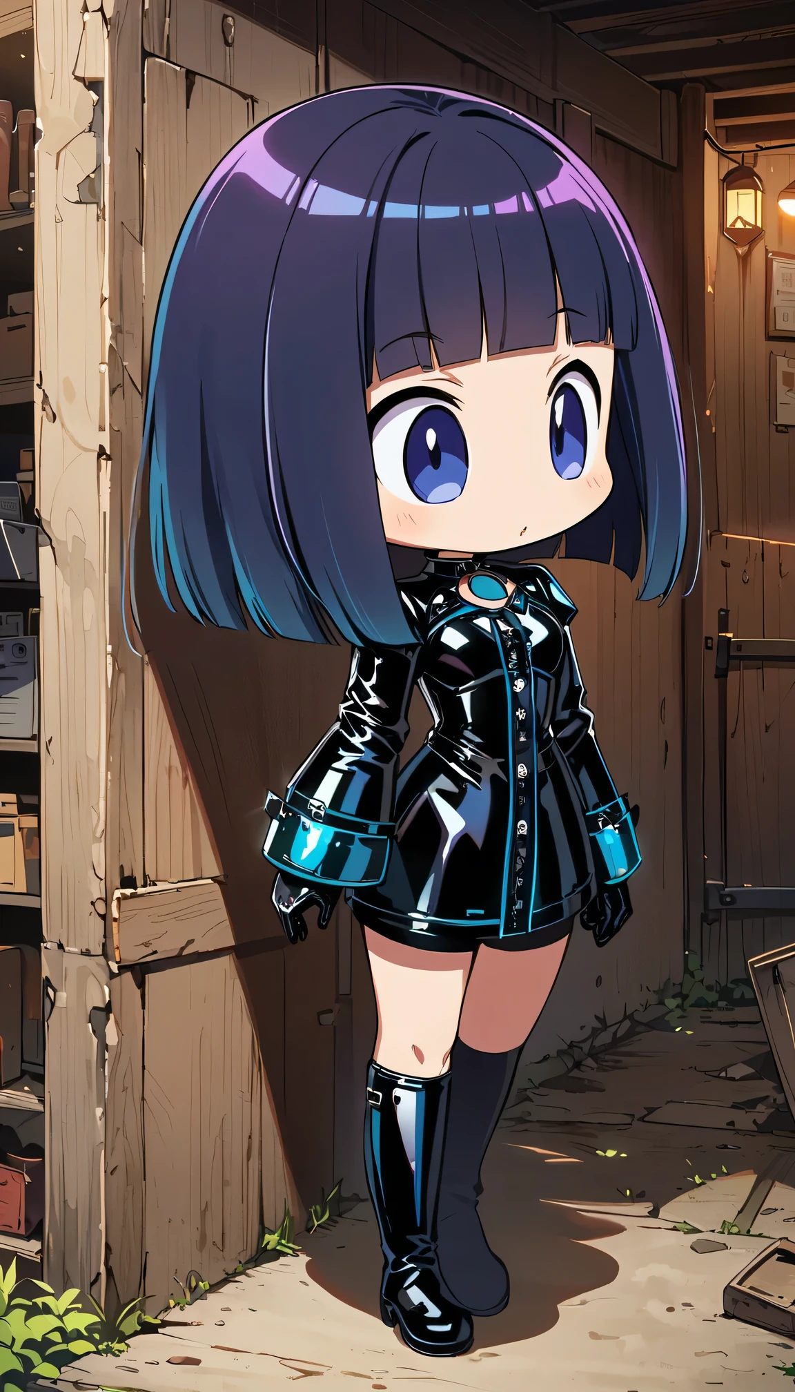 (Full body image of latex gothic fashion girl: 1.5), Japanese cartoons, alone, dark blue hair, blunt bangs, Straight short Bob, Blue three white eyes, black gloves, Latex knee-high boots, High-gloss finish, Sadist, Super detailed, (basement), 8K.