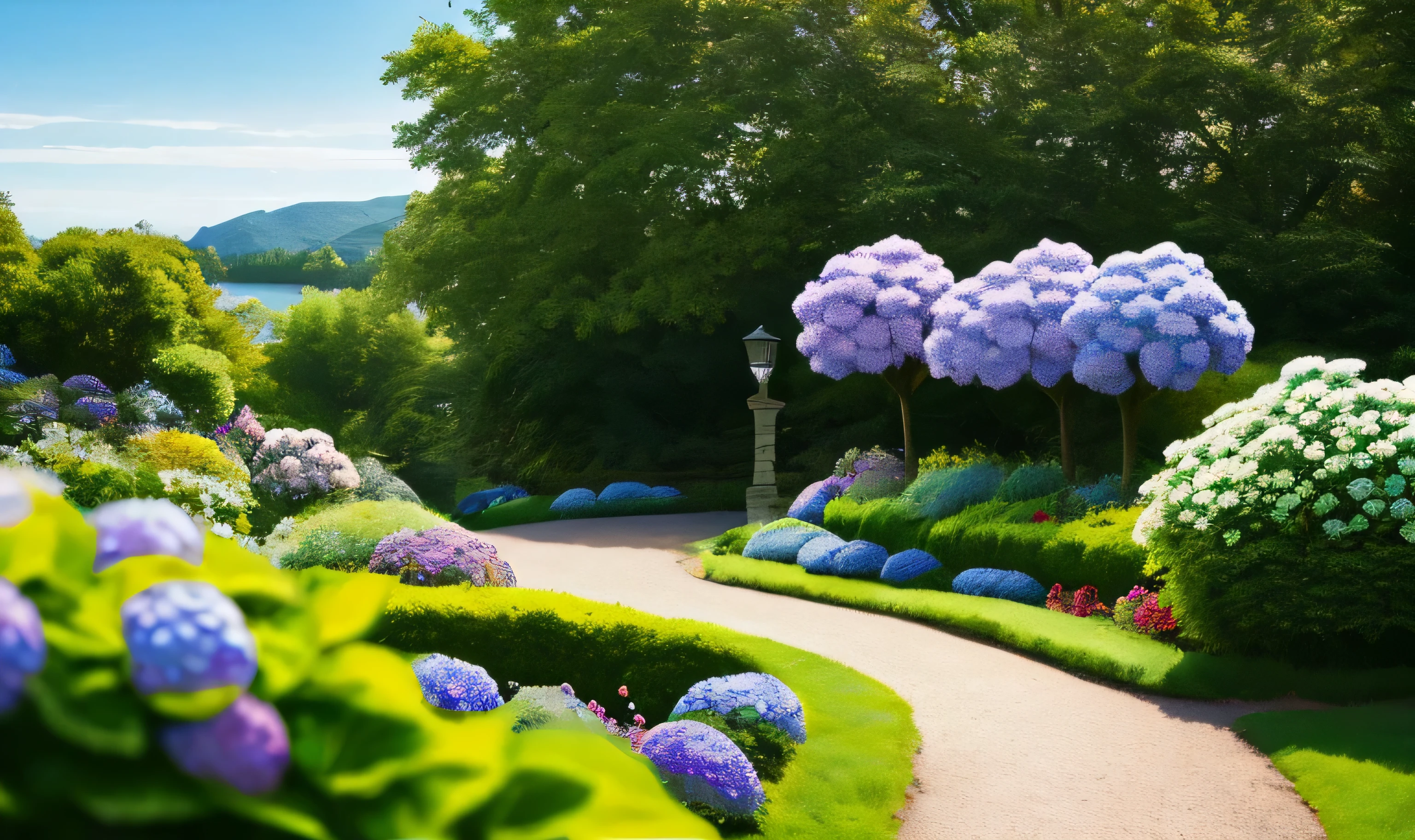 hydrangea, garden, lake, Small hill, Pebble Road, masterpiece, better quality, anatomically correct, advanced details, Stunningly realistic cinematic detail in 8K