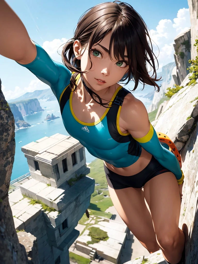 (we see her from above), ultra high definition, best quality, masterpiece, highres, (colorful), artstation, concept art, smooth, sharp focus, illustration, sport girl, Hyperrealism, small breast, small hips, detailed face, delicate face, focus on face, ((pov)), (30 years old), wide eyes, green eyes, brown hair, round face, (lightly muscled body), climbing a cliff, climbing gear, lead climbing