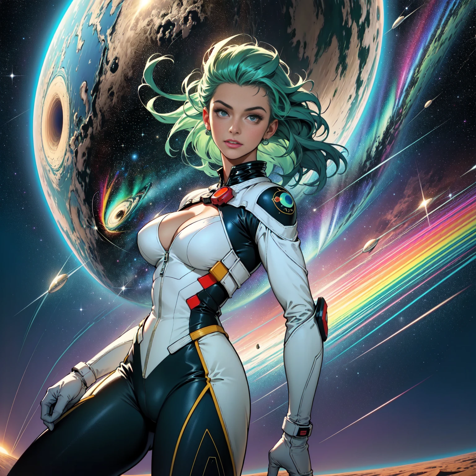 (((32k))),(((Highest quality))),(Perfect One Woman),60's,70's,80's,old movie posters,retro,vintage,bauhaus,abstract,Space Thriller Movie Poster,Futuristic,shape,OK,cosmos,galaxy,satellite,mechanical,Geometric pattern,meteor,meteorite,planet,very delicate,Space flyer OK,Milky Way,((big breasts)),(cleavage),rainbow,massive stream of light,flare,overlay,aurora,Starry sky,infinite possibilities,strongest,Highest,(perfect fingers),perfect gorgeous physical, beauty perfect limbs, very tight clothes detailing all body breasts and shaved pussy, cameltoe, green hair.