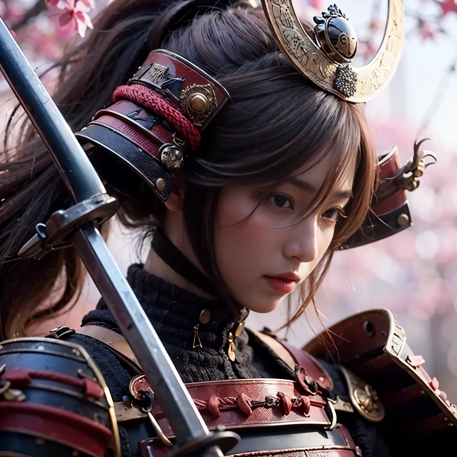 (best quality,4k,8k,highres,masterpiece:1.2), ultra-detailed, (realistic, photorealistic, photo-realistic:1.37), samurai armor, traditional Japanese sword, beautiful girl, kawaii, ponytail, super detailed, hyper-realistic texture, realistic, lifelike photography.