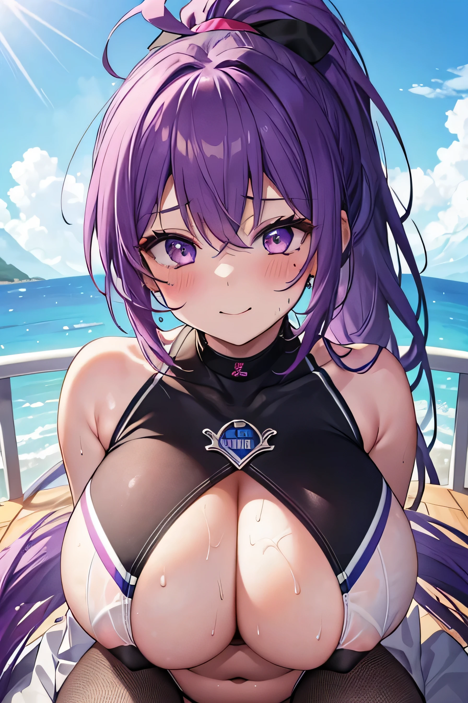 high color saturation、masterpiece、highest quality、High resolution, cheerleader, Improve, (sunburned skin), purple hair color, ponytail, black mesh, Sweat,
huge breasts, open your mouth, smile, blush, (underboob), 1 girl, (:1.8, missionary:1.3), (vagina), on top of the girl), 