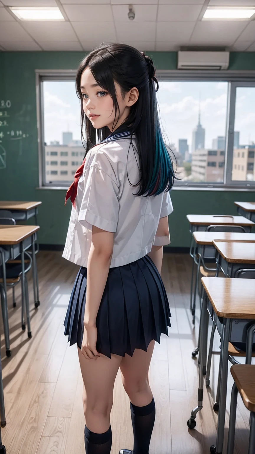 (最high quality, 8K, masterpiece: 1.3, Ultra HD, high quality, 最high quality, High resolution, realism)) 、slender、slenderだがアスリートのような細マッチョ、I don't want my head to disappear from the screen.、inner color((colored inner hair))、Smile((smile))、black hair((black hair))、black eye、Wear a summer sailor uniform、Wear a navy blue pleated skirt、wear white socks、stand on the embankment、Vertical roll on one side((side drill))、An empty classroom after school、A view of a woman standing at a blackboard from the back of the classroom、desks are lined up