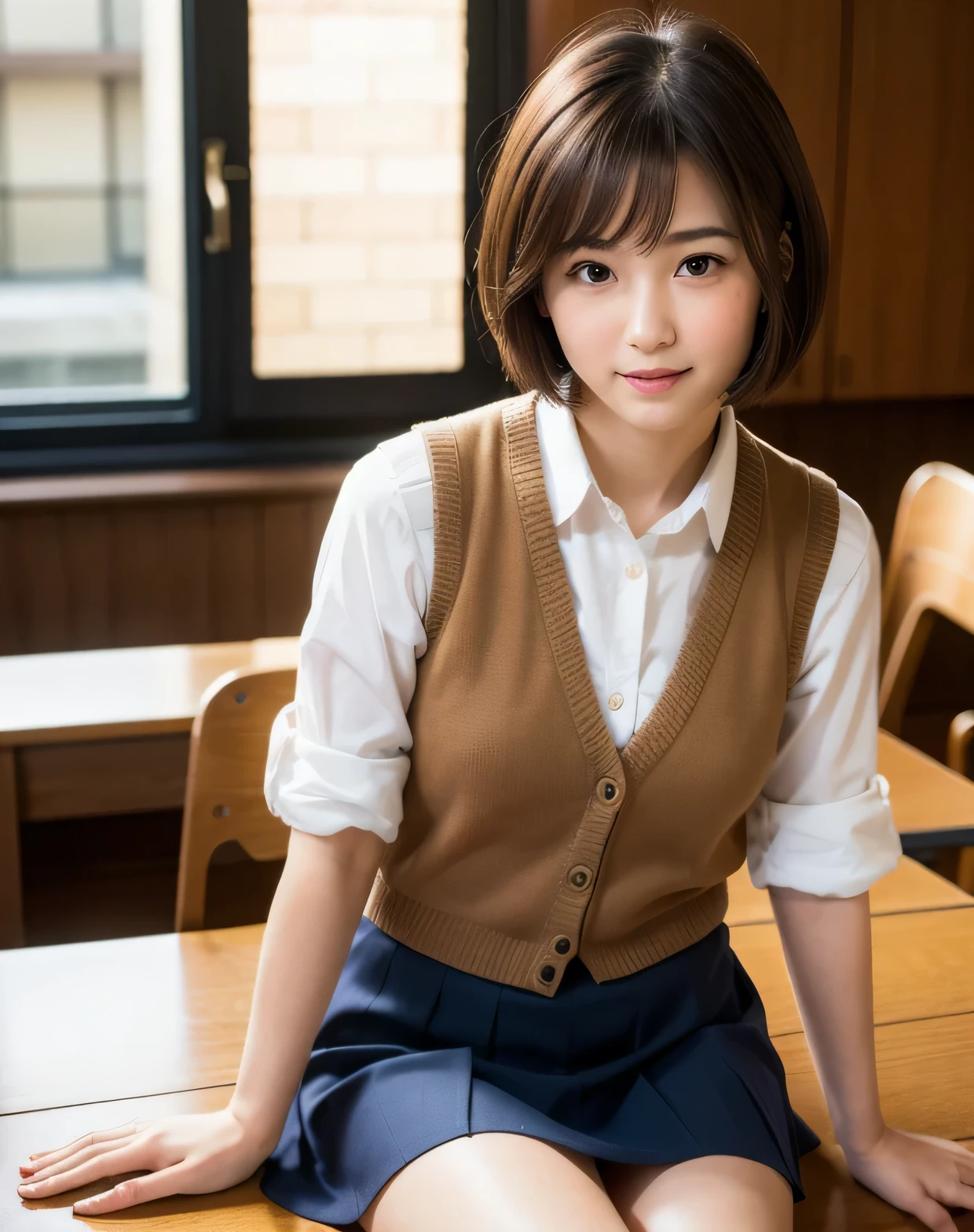highest quality, face focus, soft light, ultra high resolution, (realistic:1.4), Raw photo,
1 japanese girl, alone, cute, (shy smile:0.5), (brown eyes, light in the eyes), detailed beautiful face, (small box),(High resolution details of human skin texture),
(short bob hair)
break,
In the classroom,navy , vest, skirt