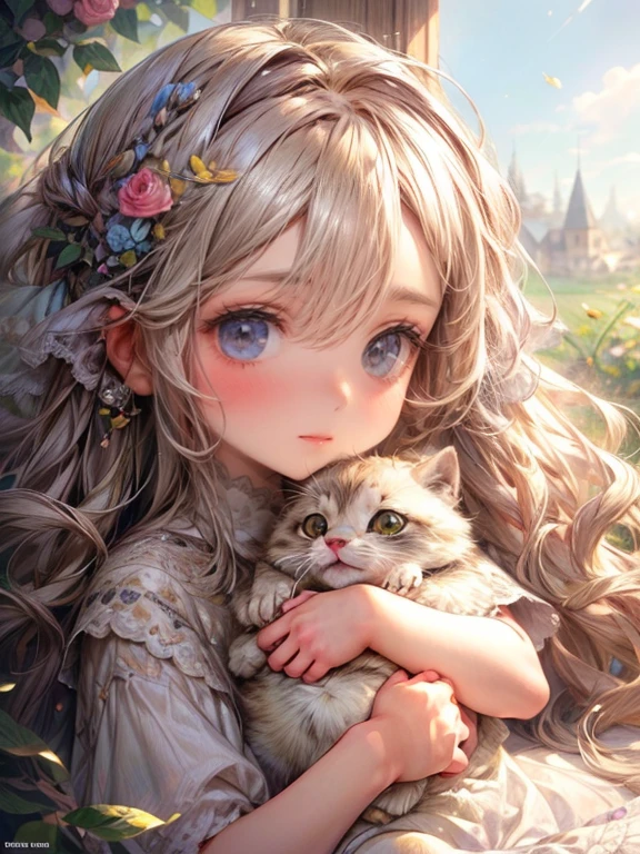 masterpiece:1.2, highest quality:1.2, 8k, CG, photorealistic:1.37, delicate detailed:1.8 (eyes, pupils, lips, face, hair, hand, skin, clothes), sleepy, soft touch illustration, platinum blond, braid, little cute girl (chibi:1.3), Embarrassingly, leaning back down on pillows, warm scene,elegant,soft lighting,cozy atmosphere,relaxing ambiance, cute girl holding a kitten,illustration,medium,beautiful detailed eyes,beautiful detailed lips,extremely detailed eyes and face,longeyelashes,adorable,tender emotions,soft and clear skin,wavy hair,curly hair,sunshine,flower garden,green grass,blurry background,natural lighting,soft colors,vibrant,gentle,wholesome,pure,vivid details,cute expression,pet's fur,fuzzy texture,childhood memories