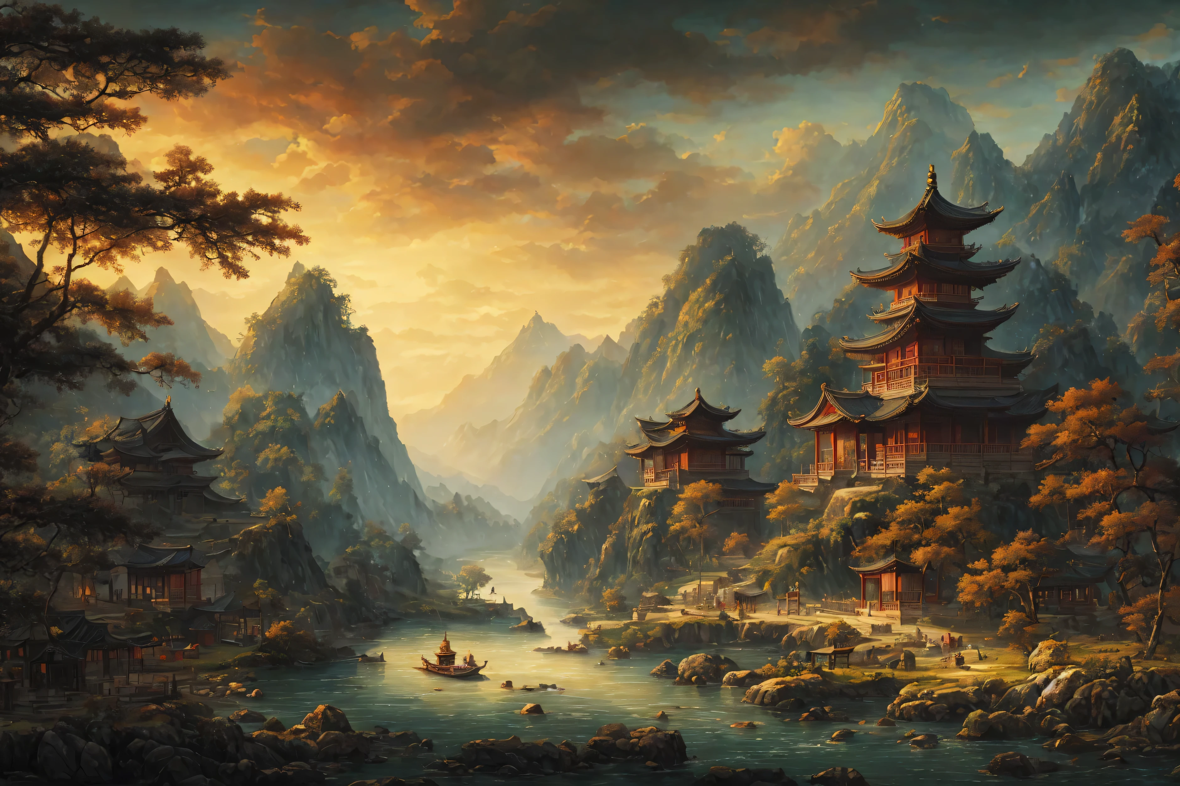 Mountain landscape painting with river and pagoda, Oriental scene, Chinese landscape, landscape artwork, Dream China Town, Detailed scenery, china village, Classical landscape painting, Oriental Fantasy, Oriental wallpaper, Beautiful oil painting matte painting, Chinese fantasy, in peaceful scenery, Fantasy Painting HD, Happy Scenery UHD, masterpiece, ccurate, super detail, high details, high quality, award winning, best quality, highres, 4K