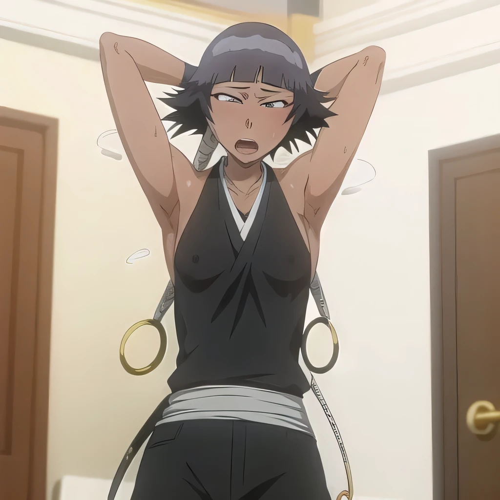 ( Animation screenshots:1.1),outdoor, Nipples exposed, 1 girl, alone, black hair, side breasts,eternal, short hair with long locks, japanese clothing, - Hip vents, no underwear,short hair, small breasts, (white eyes:1.1),No eyeballs, Also available in black, no headgear,low double braids,facing the audience, looking at the audience, tired, from below, (Exposed armpit:1.1), ((armpit:1.2)), Sexy, Sweat dripping, More and more sweat,(ahegao), (Roll your eyes), naughty face, blush, open mouth, Sticking out tongue, saliva, careless person,Runny nose,skinny, raise arms, (arms above head:1.5)