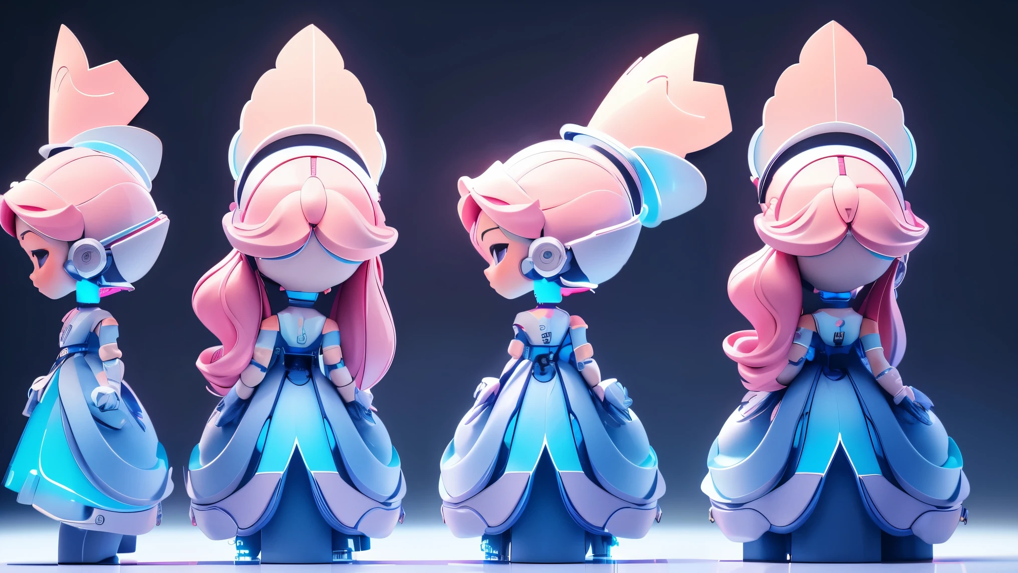 Tech-inspired clothing,Three angles of one,Children's posture,C4D style,stand,Three View,solid color background,rim light,higher detail,masterpiece,masterpiece,Technologically sensible dress-up,complete hand,Delicate facial features,Cool costumes,High-tech hat,AI