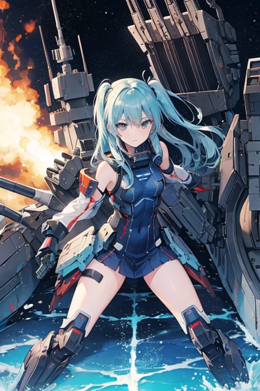 WARExAOBA　battleship　Armored Core　Machine Girl　Main gun firing　battle　anime style