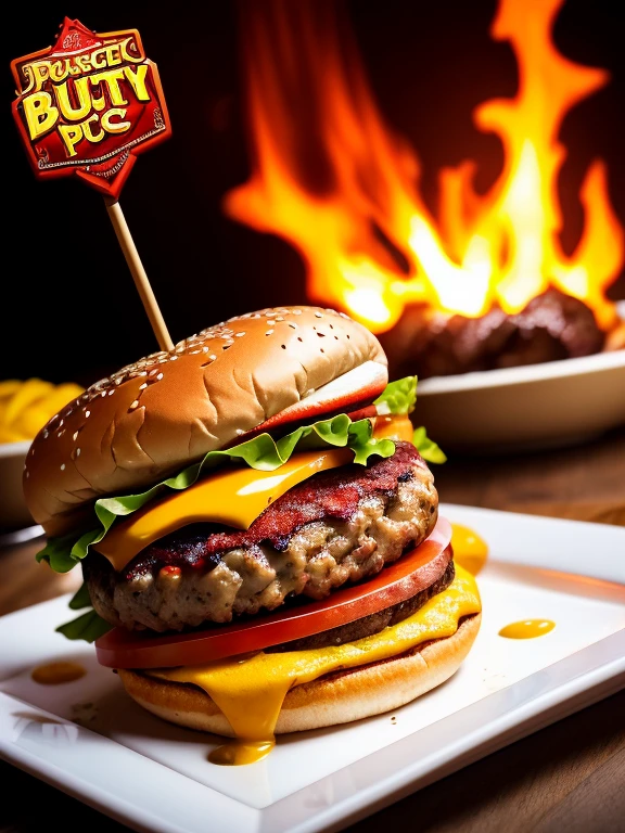 A burger falling into juicy pieces, saboroso, quente, promotional pquenteo, detalhes intrincados, HDR, cinematic, Adobe Lightroom, altamente detalhado