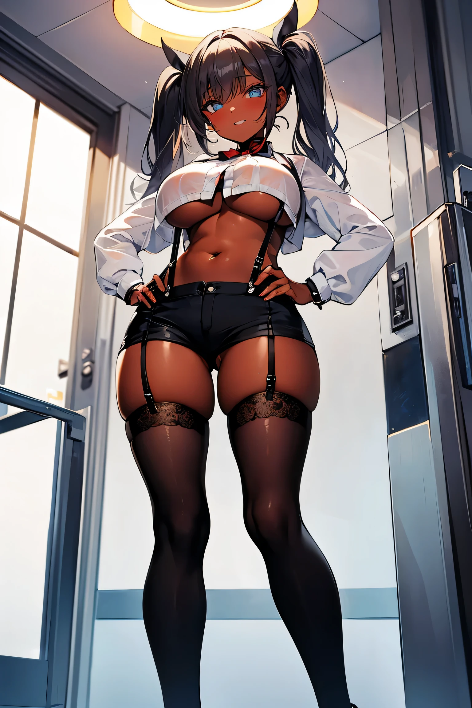 masterpiece, best quality, 1girl,full body, BREAK (twin tail,black hair),blue eyes,perfect eyes, BREAK (((black short garter shorts))), ((black suspenders)), (white cropped cutter shirt), BREAK Navel exposed, (big breasts:0.8),dark skin,hourglass body shape, perfect proportions,slender,transistor glamor,underboob, BREAK (from below),looking at viewer,hands in pockets,leaning forward, BREAK ((inside station))