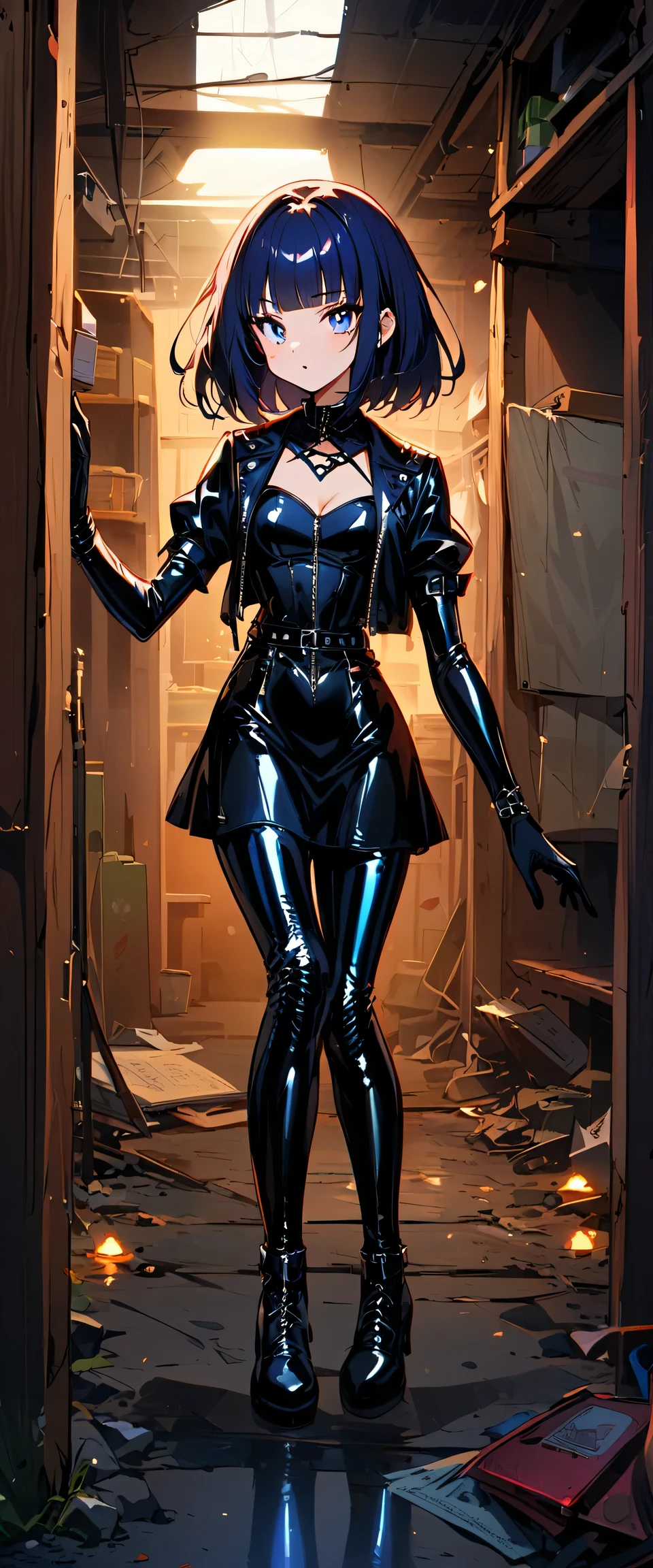 (Full body image of latex gothic fashion girl: 1.5), Japanese cartoons, Lovely, Smoky makeup, dark blue hair, blunt bangs, Straight short Bob, Blue three white eyes, black gloves, Latex knee-high boots, High-gloss finish, Super detailed, (basement), 8K.