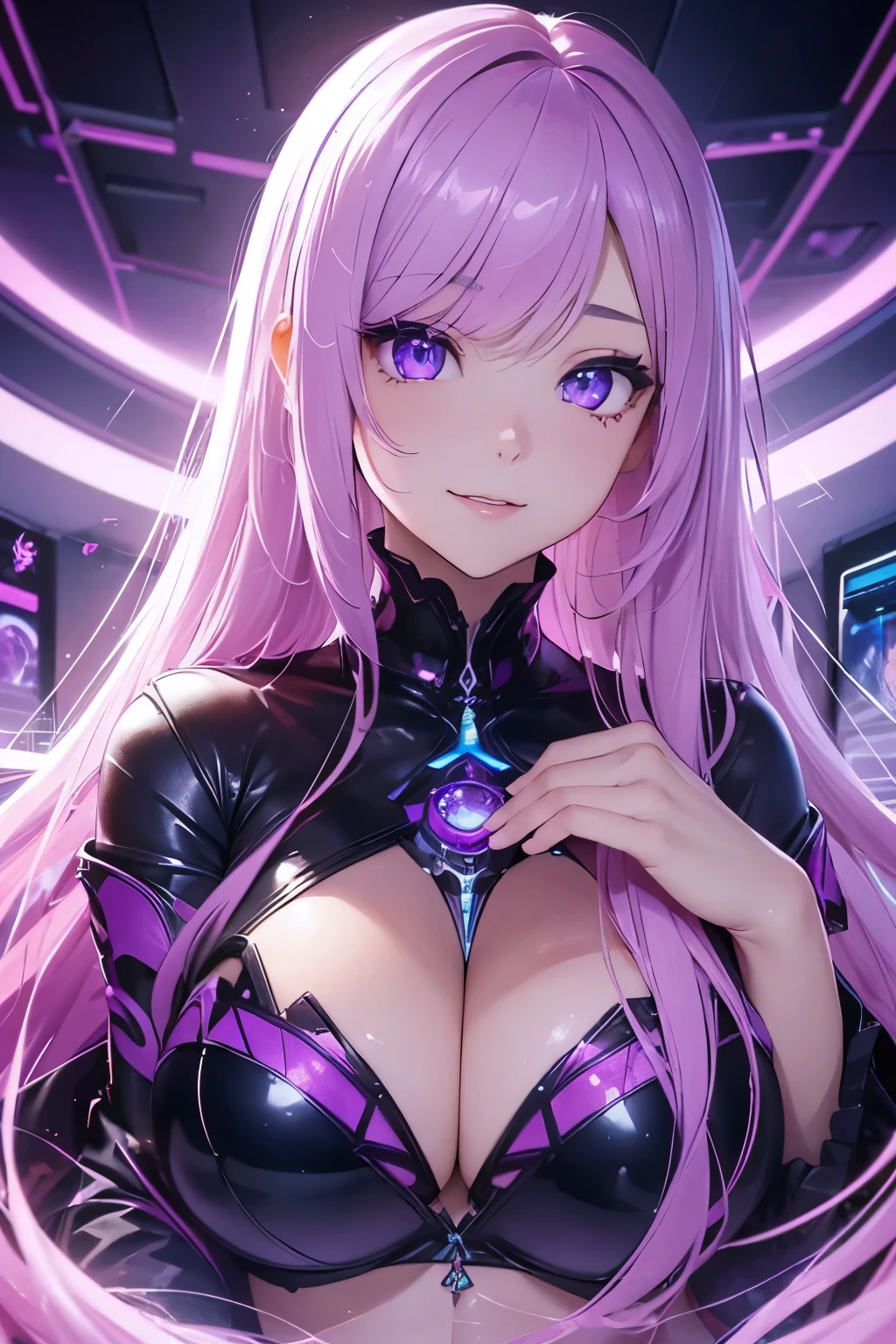 1girl (masterpiece, round_iris, extremely crisp crystalline shiny purple eyes, perfect_anatomy, extremely_captivating_hypnotic_mystic_eyes, ) perfect face, long pink hair, smiling evil, big breasts, gamer girl, gaming room, best quality, 4k