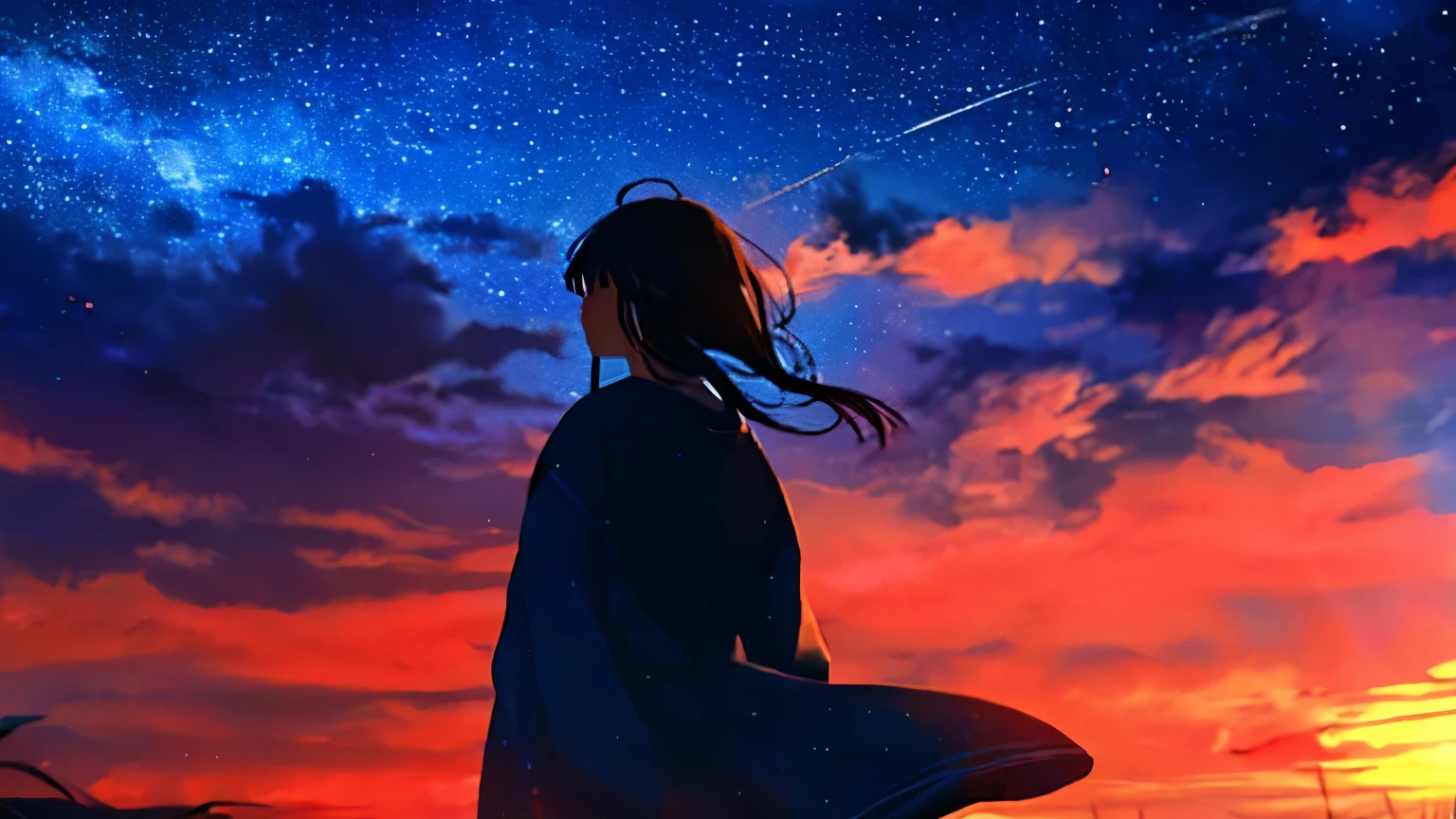 sunset、hill、cloud、long hair、woman、back view、beautiful starry sky、look up at the sky、The wind is blowing、Wide sky、headphones