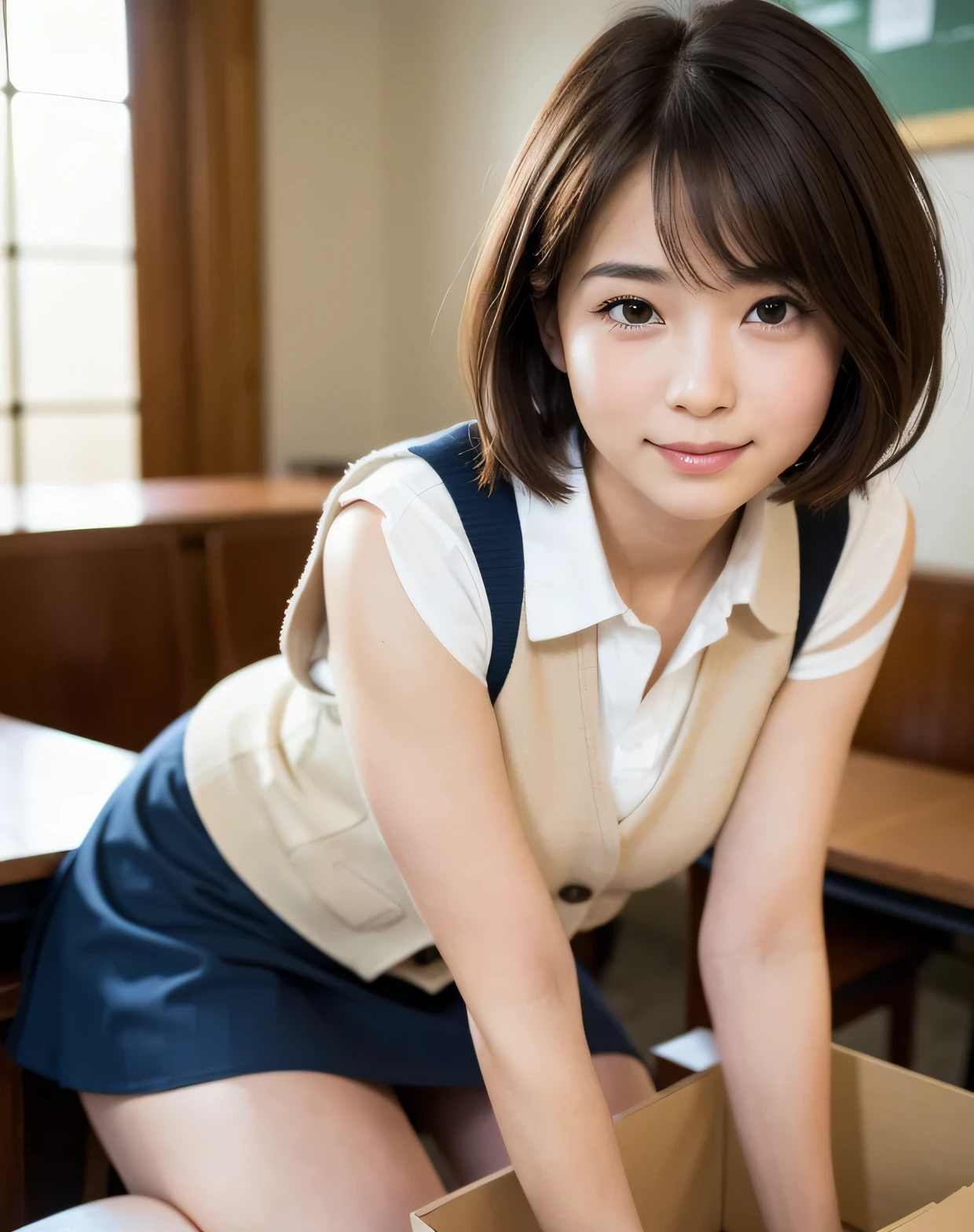 highest quality, face focus, soft light, ultra high resolution, (realistic:1.4), Raw photo,
1 japanese girl, alone, cute, (shy smile:0.5), (brown eyes, light in the eyes),  detailed beautiful face, (small box),(High resolution details of human skin texture),
(short bob hair)
break,
In the classroom,navy , vest, skirt